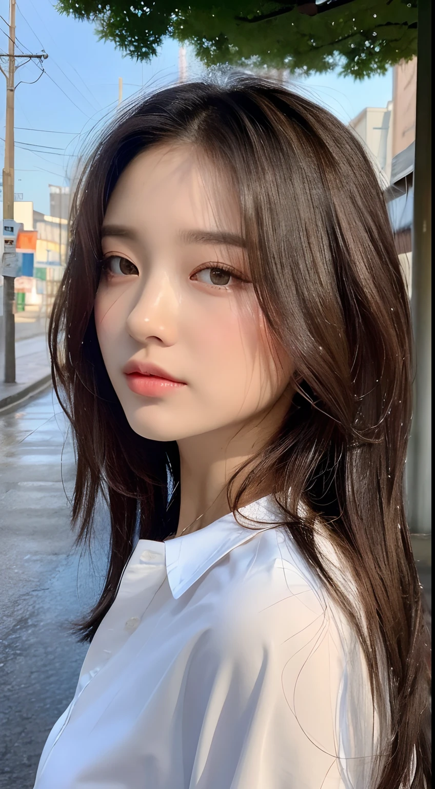 ((Best Quality, 8K, Masterpiece: 1.3)), Sharp: 1.2, Perfect Body Beauty: 1.4, Slim Abs: 1.2, ((Layered Hairstyle, Big Breasts: 1.2)), (Wet White Button Long Shirt: 1.1), (Rain, Street: 1.2), Wet: 1.5, Highly detailed face and skin texture, detailed eyes, double eyelids, side face looking at the camera