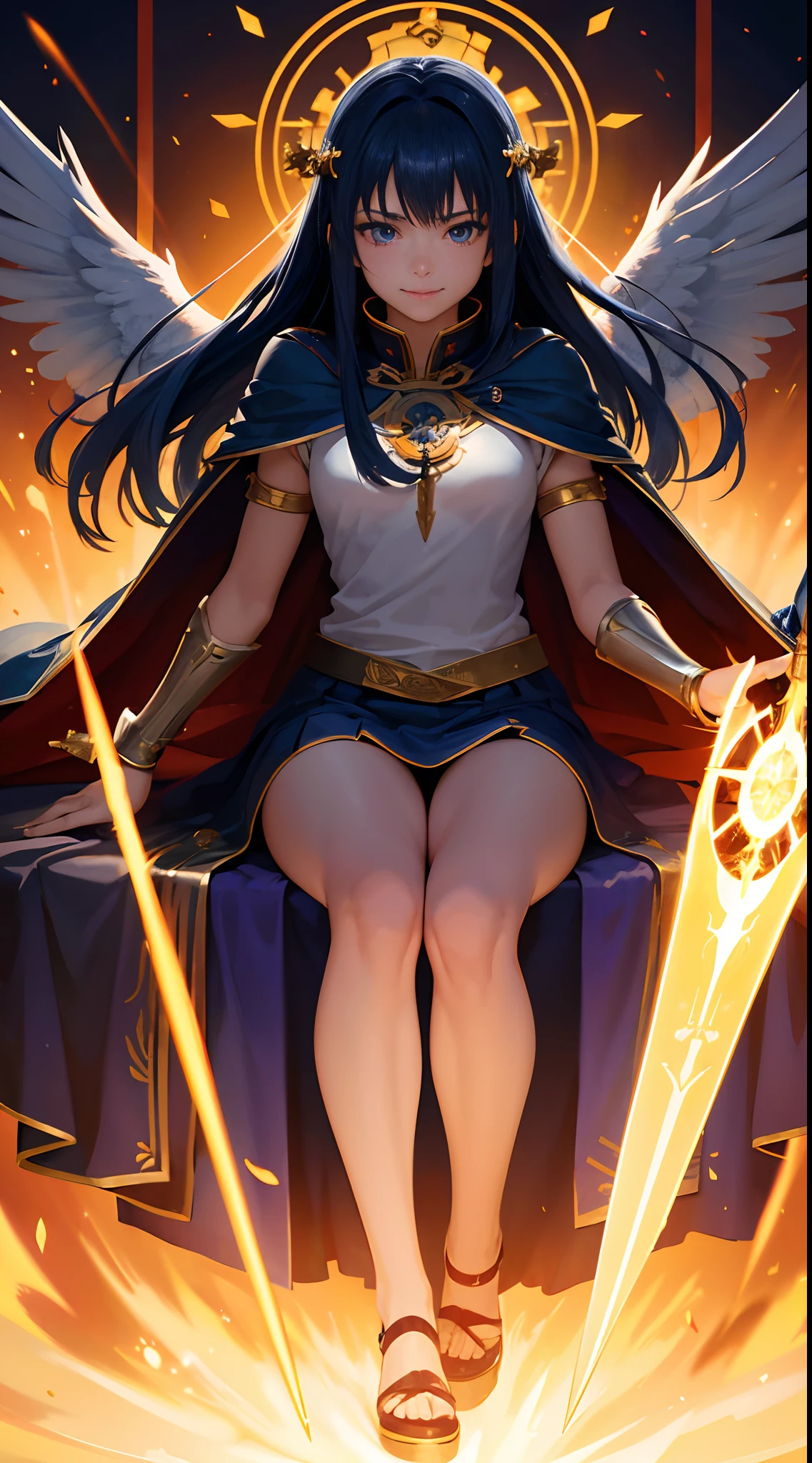 Full Body, Dark blue-haired young girl, blue eyes, angelic body and face, and a red fencer armor with a mini skirt, wield a sword, wear a cloak, shield, and golden circlet, sitting on the throne of red sun, red seraphic wings, burning sun, and flame background scene, the magic circle with a diamond star, innocent smile, stable diffusion v5, anime style v3, lora style v5, dynamic, image enhance, dream shape, vibrant, realistic face, 32k resolution, upscale, sharp focus, best quality, masterpiece, ghostmix, flat color, flat light.