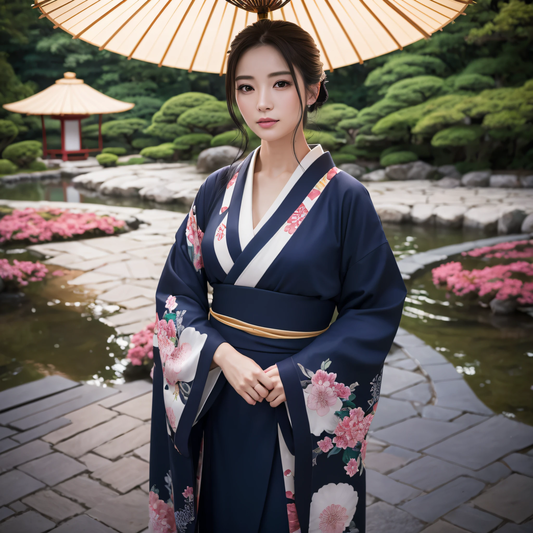 (Woman in kimono)、((best qualtiy、8k masterpieces:1.3))、foco nítido:1.2、(ultra beautiful faces:1.0)、(shinny skin:1.0)、photos realistic、A dark-haired、Video Lighting、High-definition eyes and face、Video Lighting、25-year-old Japan actress、from the front side、medium breasts、Looks fun、Slender Abs Beauty、Whole body、wearing kimonos、in japanese garden