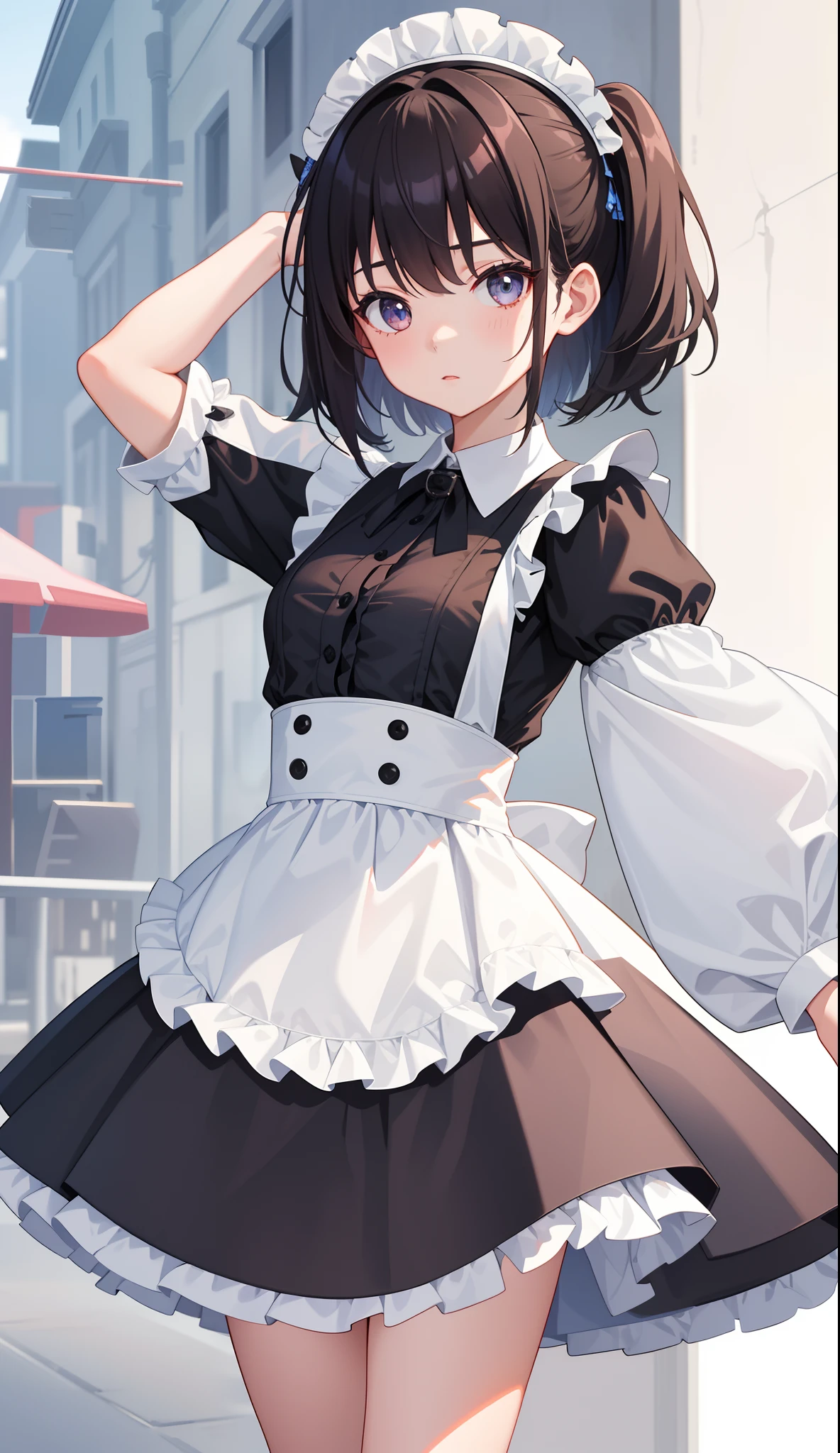 1girl in、AS-Adult、The shirt、Ultra mini skirt、pantiy、（small tits）、doress、pinafore、Hair decoration、（Maid costume）、Walking with a thigh、Upper body portrait、