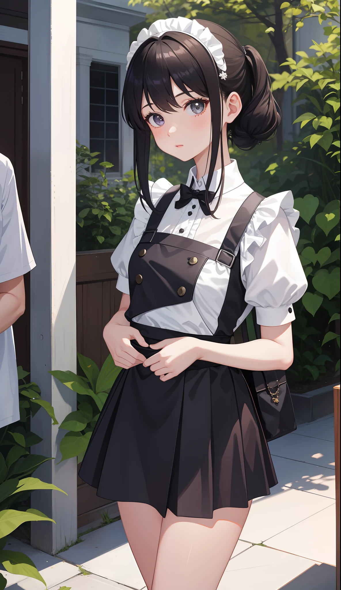 1girl in、AS-Adult、The shirt、Ultra mini skirt、pantiy、(small tits)、doress、pinafore、Hair decoration、(Maid costume)、Walking with a thigh、Upper body portrait、