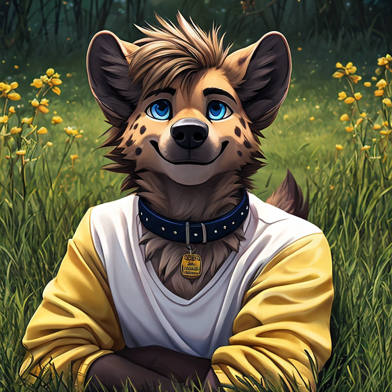 yellow jacket, dark blond short hair, mane fringe, headshot, laying on grass, hand behind head, hyena, thick navy blue leather collar with tag, blue eyes, good eyes, male, fluffy, soft, cheeky smile, 8k, film grain, high detail, semi realistic, masterpiece quality, relaxed, pink t-shirt