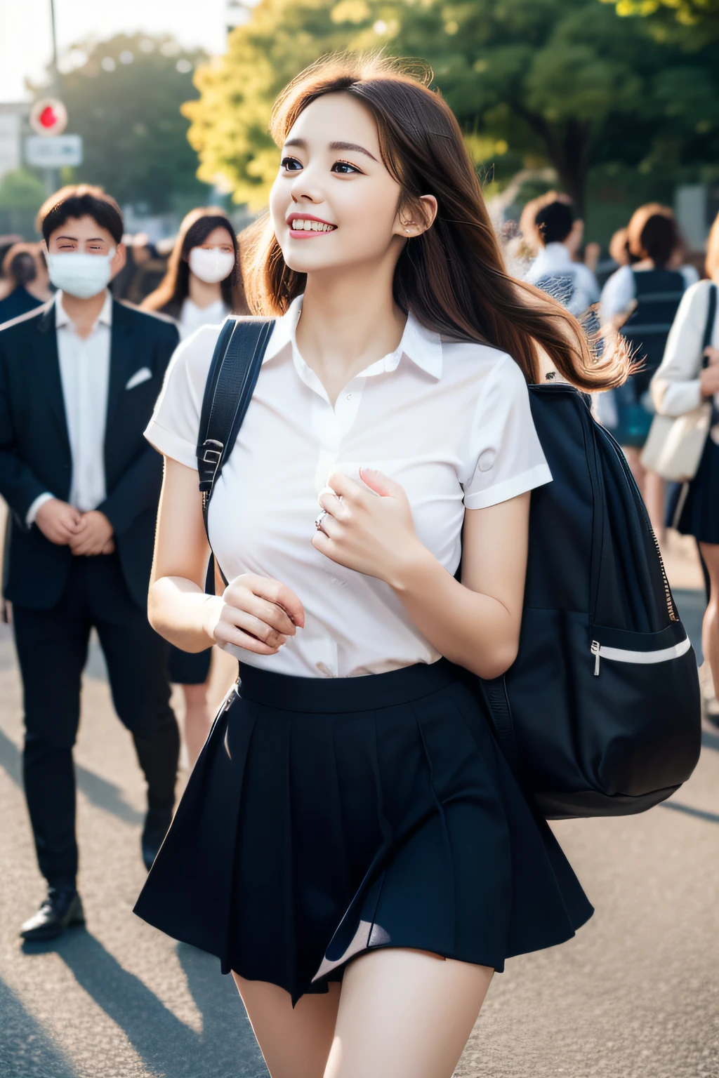 (Raw foto、masterpiece、top-quality、Hi-Res)、Cute Korean、Ballet composed by Tchaikovsky「The Nutcracker」dance、be shy、Shyness、18year old、One Woman、attractive bodies、Colossal tits:1.4、Long wavy hair、Korean High School School Uniform、thighs thighs thighs thighs、White socks、open-shirt、Tight shirt、Sheer shirt、serafuku、Very short skirt、School bag、lowfers、pavement、A city scape、((Fluttering skirt:1.3、Fluttering hair、Fluttering in the wind、panties on))、embarrassed from、(perfect anatomia、Beautiful limbs、Healthy body,Beautiful skin)、early evening、sunset glow、Professional、