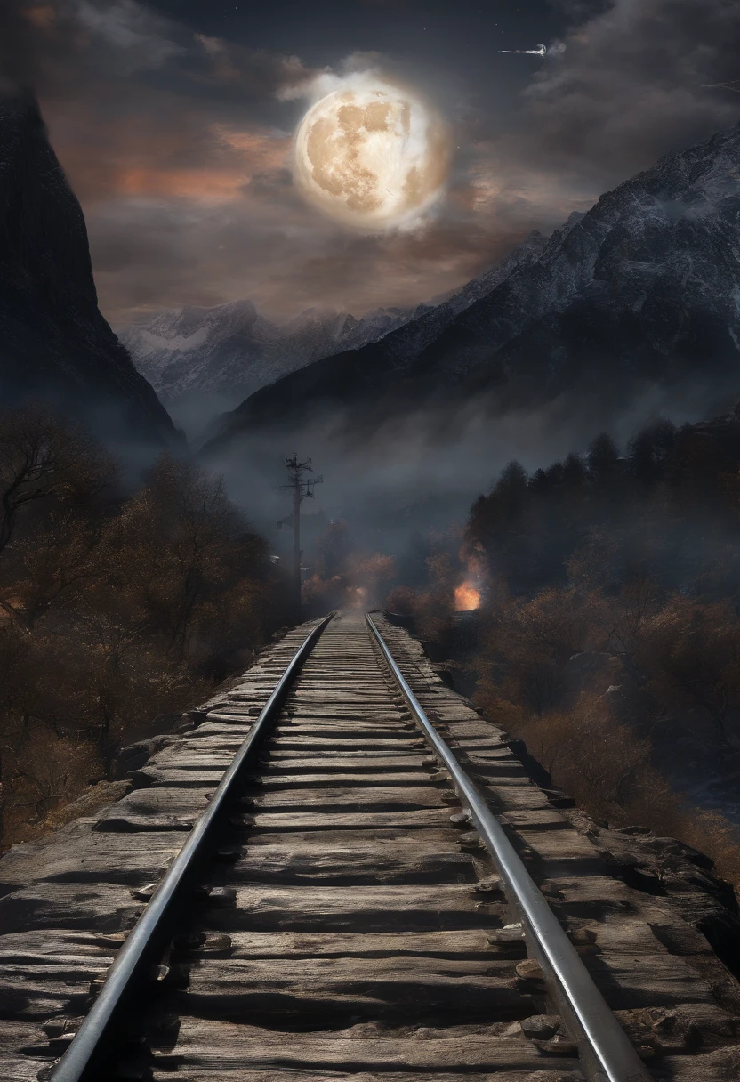 Romanticism, perspective, UHD, masterpiece, best quality,Silent night,The Milky Way lies across the night,The bright moon was embedded in the darkness,A train travels alone on an iron bridge,Walk through the mountains,With the moon,The train slowly spewed steam,A long band of clouds was dragged out in the back