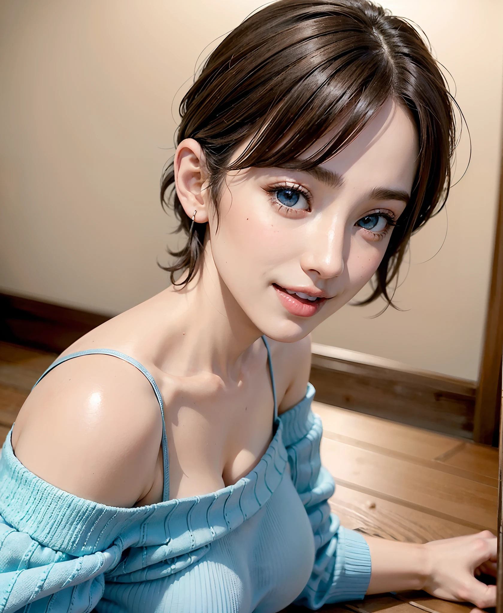 ((((NSFW、masutepiece, Best Quality, masutepiece、Top image quality、top-quality、28 year old、Very beautiful woman、Symmetrical beauty、One very beautiful woman、Solo、Strong highlights of the eyes)))), extremely detailed 8K, Attractive beauty of women, (Ultra HD, Ultra-detailed, Highly detailed, Highly realistic, Ultra-realistic, photos realistic), (One very beautiful woman:1.8), (Very beautiful short realistic short hair), Very short short cut hair with bangs, hime-cut、Put your ears out、long neck、Show off your beautiful décolleté、(dynamicposes), Keep your eyes on the camera, Beautiful teeth、Beautiful teeth alignment、Smile full of happiness、Very smile, laughing very happily,Open mouth and cheerful smile, lipgloss,Light blue eyes,Highlights in the eyes,Attractive clothes for women、very beautiful very large udder、{Gigantic|Big big|Too big |huge udder|Giga Big|Big breastare too beautiful|huge udder|Mega} Colossal tits, cleavage、titse very big cleavage is very beauldly put your chest together、(beautifull detailed face, Beautiful detailed eyes),Very thin short tank top,Clothes that are very see-through、 Navel is visible、Beautiful little short navel、Very short little panties, (Small rays of the stural light),Shadow Fade,Beautiful colorful background of nature,Too sexy beauty、Beautiful woman full of adult charm、Tilt your head slightly、Show off your exposed breasts、wearing nothing、Nothing to