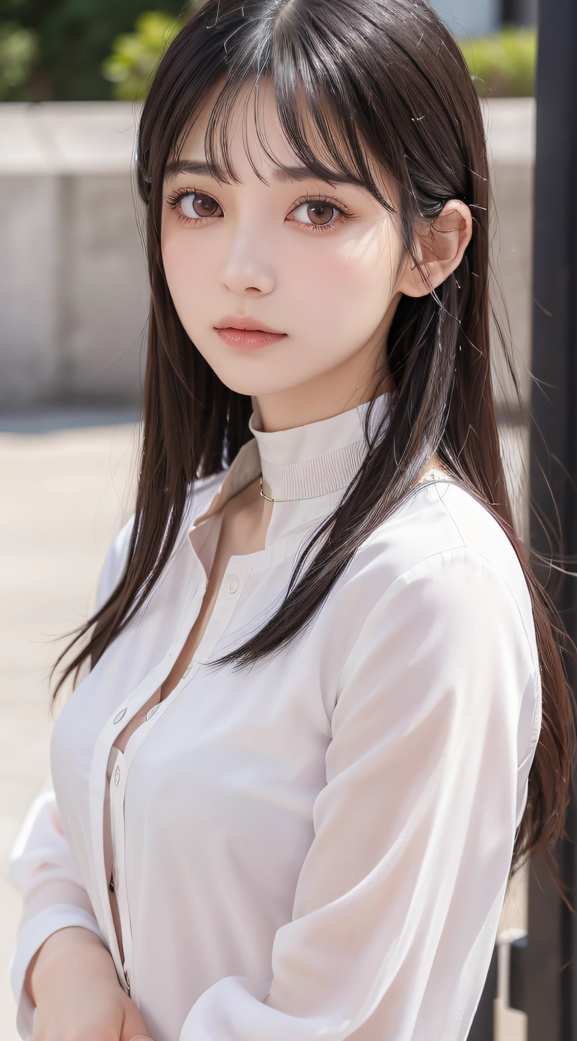 1 adult female, (up of face:1.5), Black hair, Blunt bangs, hair behind ear, hair over shoulder, Long hair, Ultra Fine Face, Thin face, Delicate lips, (beautidful eyes:1.5), thin blush, eyes are light brown,View here, （Hands hide）, formal jackets, a choker ,Port Area ,One-person viewpoint,  8K, masutepiece, nffsw, Super Detail, High quality, Best Quality, hight resolution,