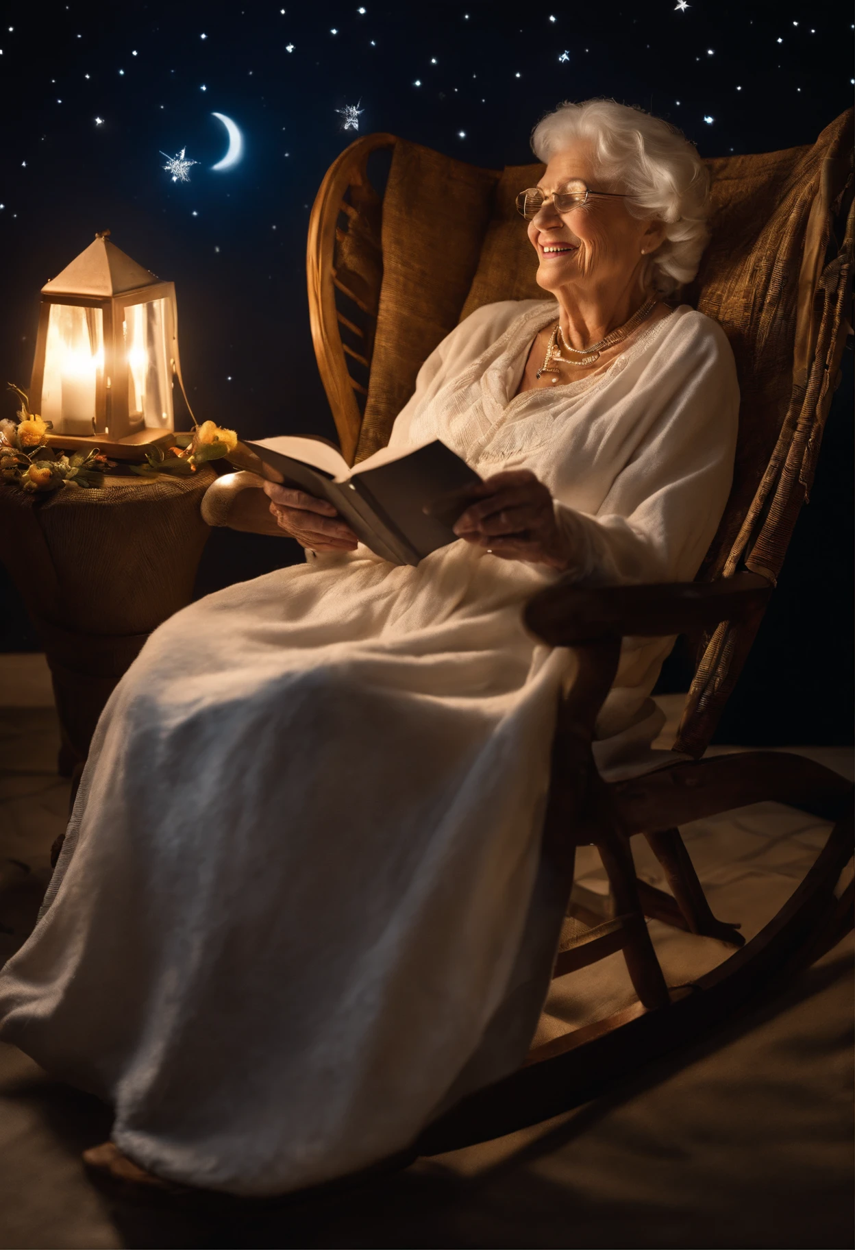 Style-NebMagic, an award winning masterpiece photo of solo, old lady Mother Goose smiling and sitting in a rocking chair under the stars, (((from above))), old woman, wrinkles, jovial, fairytales, cute robes, reading a book, majestic, loving, happiness, full body, stars and moon, happiness, natural lighting, dynamic lighting, beautiful lighting