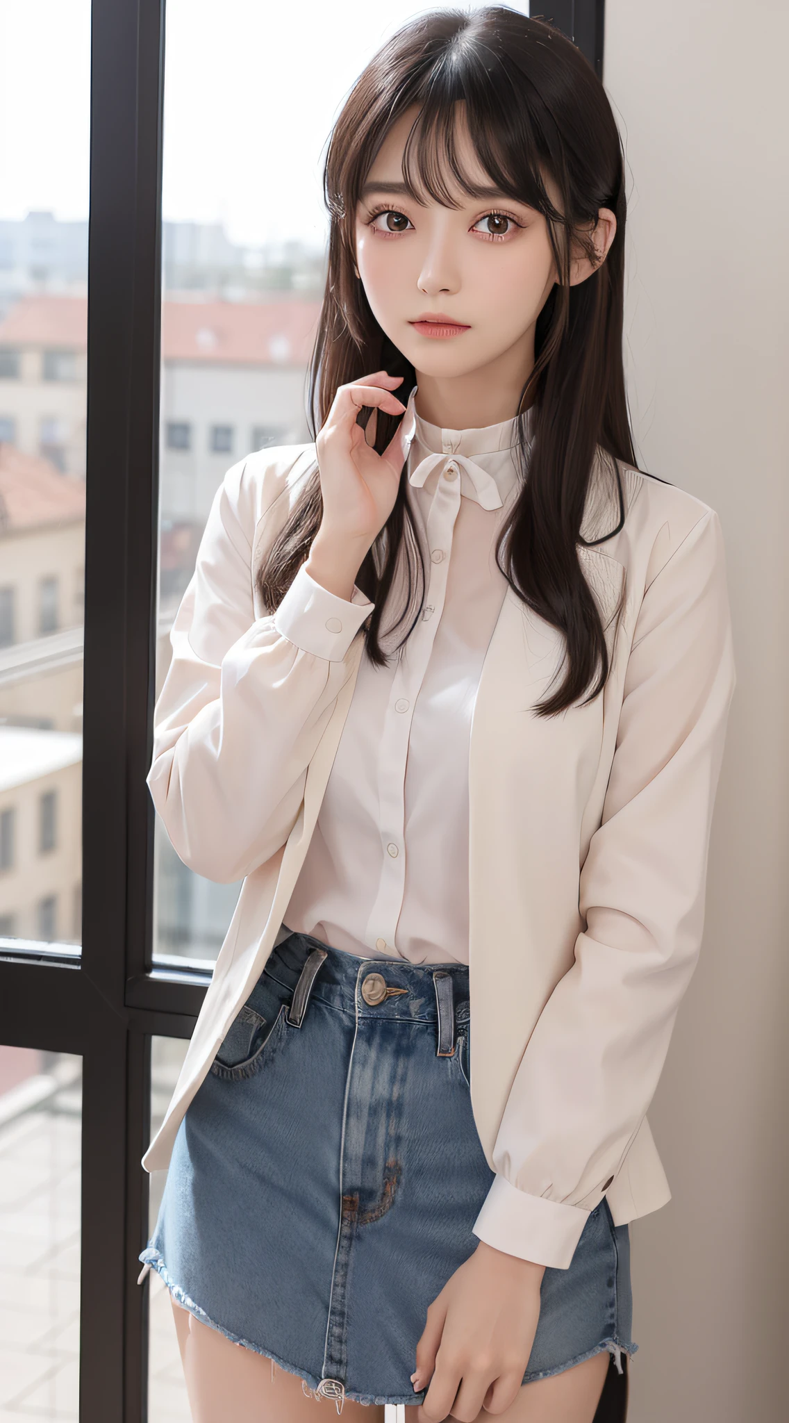 1 adult female, (up of face:1.5), Black hair, Blunt bangs, hair behind ear, hair over shoulder, Long hair, Ultra Fine Face, Thin face, Delicate lips, (beautidful eyes:1.5), thin blush, eyes are light brown,View here, (Hands hide), formal jackets, a choker ,Port Area ,One-person viewpoint, 8K, masutepiece, nffsw, Super Detail, High quality, Best Quality, hight resolution,