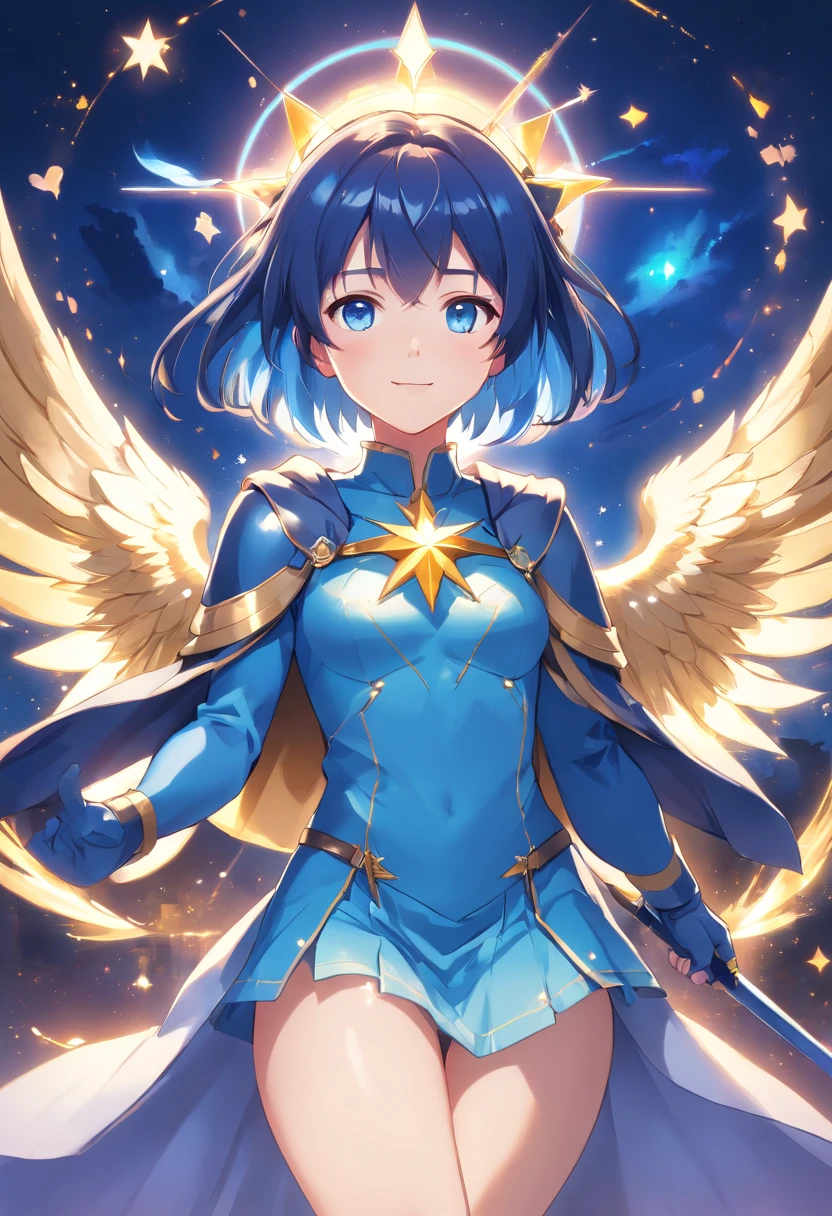 Full Body, Dark blue-haired young girl, blue eyes, angelic body and face, and a blue crystal armor with a mini skirt, wield a spear, wear a cloak, shield, and golden circlet, sitting on the throne of blue heaven, white seraphic wings, dusk, and dawn background scene, the magic circle with a diamond star, innocent smile, stable diffusion v5, anime style v3, lora style v5, dynamic, image enhance, dream shape, vibrant, realistic face, 32k resolution, upscale, sharp focus, best quality, masterpiece, ghostmix, flat color, flat light.