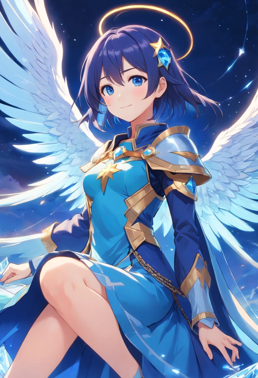 Full Body, Dark blue-haired young girl, blue eyes, angelic body and face, and a blue crystal armor with a mini skirt, wield a spear, wear a cloak, shield, and golden circlet, sitting on the throne of blue heaven, white seraphic wings, dusk, and dawn background scene, the magic circle with a diamond star, innocent smile, stable diffusion v5, anime style v3, lora style v5, dynamic, image enhance, dream shape, vibrant, realistic face, 32k resolution, upscale, sharp focus, best quality, masterpiece, ghostmix, flat color, flat light.