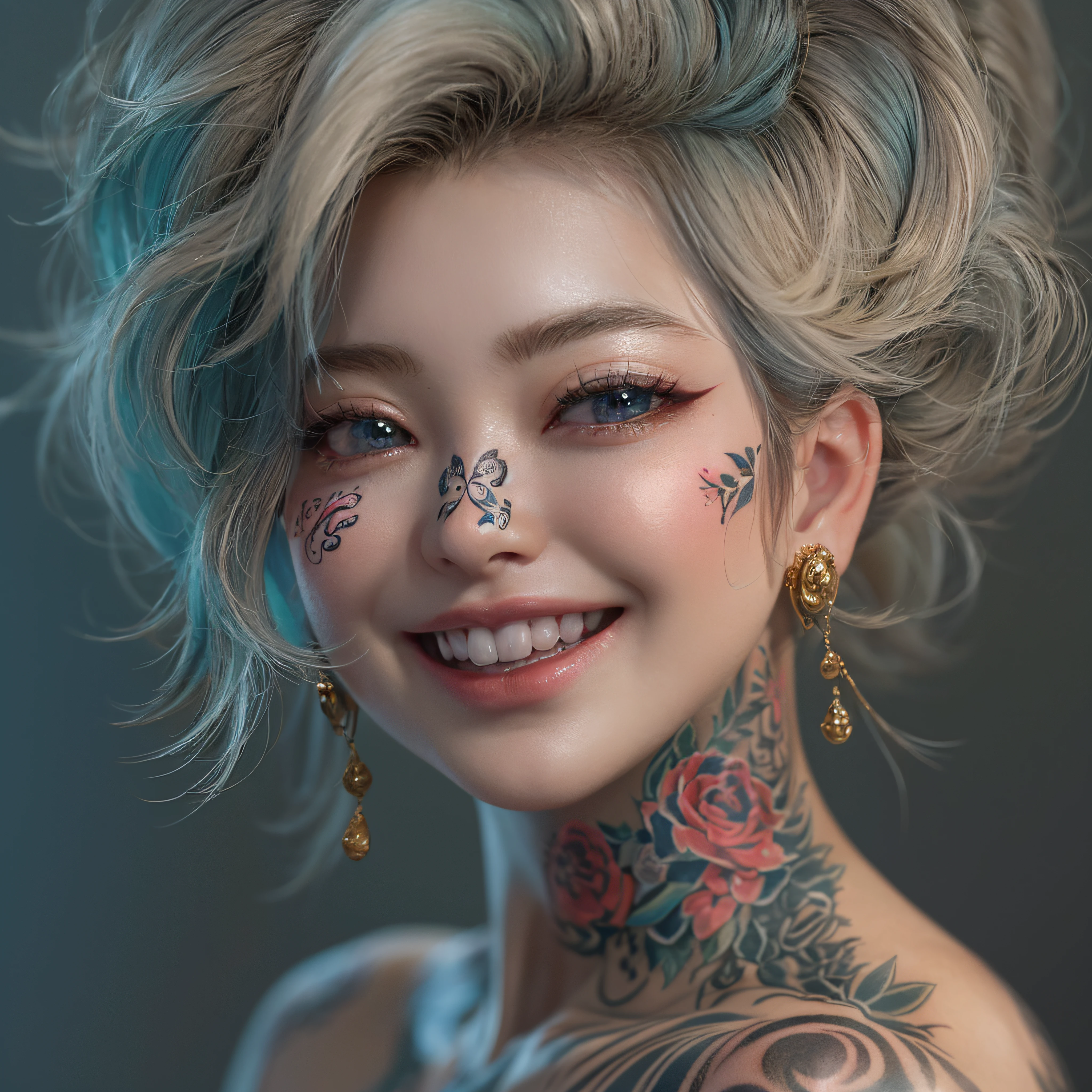 Lots of tattoos、Close-up of laughing face、Designer、super model、Tattoo Makeup、Glossy lips、Shining eyes、(realisitic、hight resolution)、(1 girl in)、Do-Up Eye、Korean Girl、(Best Quality), (masutepiece), (1girl in), Solo, a beauty girl, Perfect face, dreamlikeart、Highly detailed airbrush art((Surreal))、Volumetric lighting、(top-quality)、The ultra-detailliert、Highly detailed colorful details、(Bright lighting)、dynamic compositions、Ray traching、The mirror reflects light、Shallow depth of field、ultra-detailliert、mixing exposure、nffsw、tattooed、tattooed
