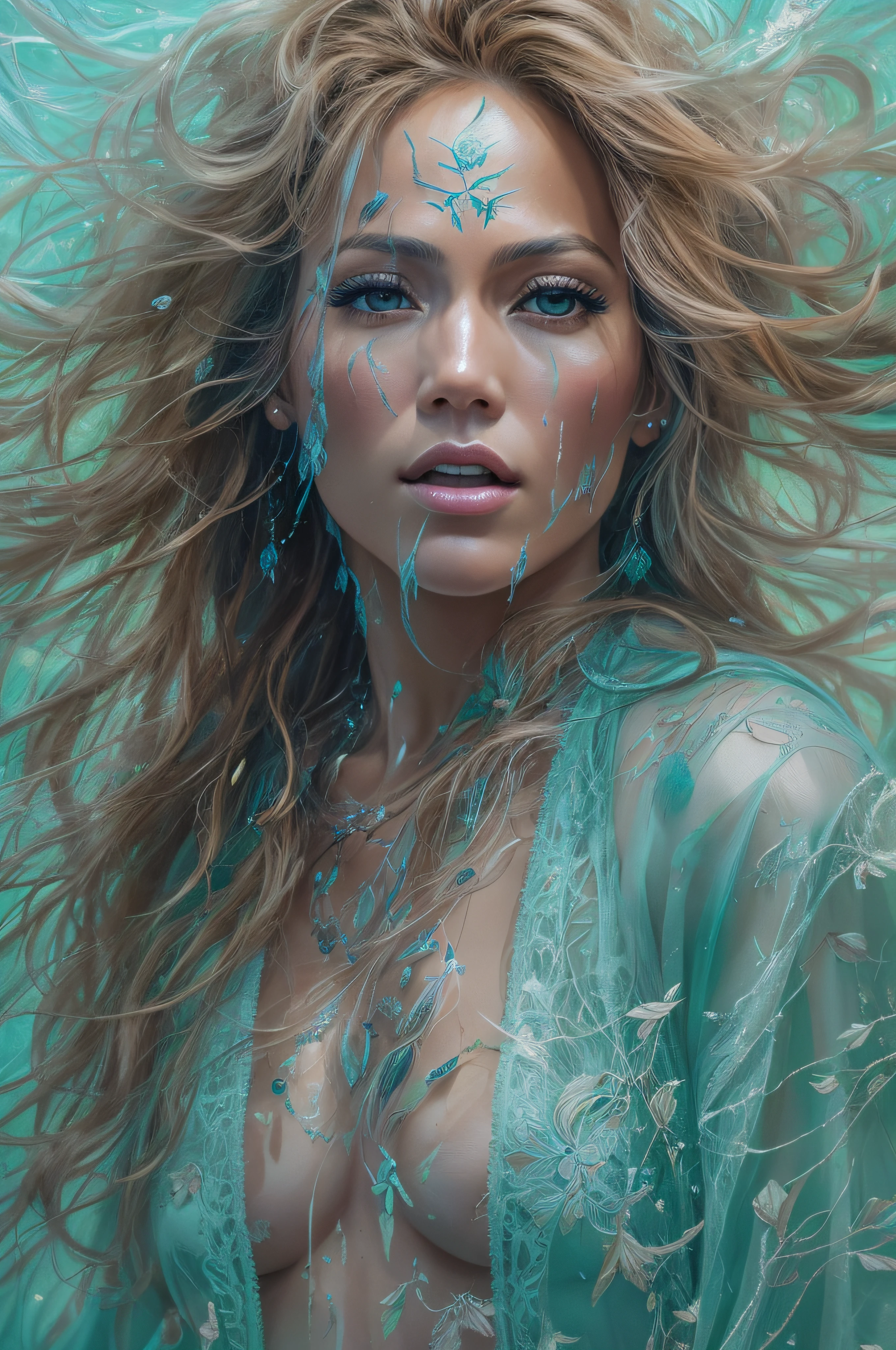 ultra realistic full body photo of a lookalike of a twenty-five-year-old Jennifer Lopez, a blond-brown-haired American woman, in wide open ice-blue transparent bathrobe, which flies open with the heavy wind, allowing everyone to see her beautiful muscular body. She is walking in the water on the beach, wild hair, full body, enlightenment, 4k resolution, intricately detailed, cinematic, full body, detailed symmetric eyes, intricate details, beautiful detailed intricate face, Carne Griffiths and Wadim Kashin concept art, ominous, approaching perfection, highly detailed, smooth, treding os artstation, sharp focus, digital art, perfect composition, Yabadaba, hyperdetailed painting, ISO 200, 100mm, DLSR, dynamic, light studio, vibrant, art by Alyssa Monks