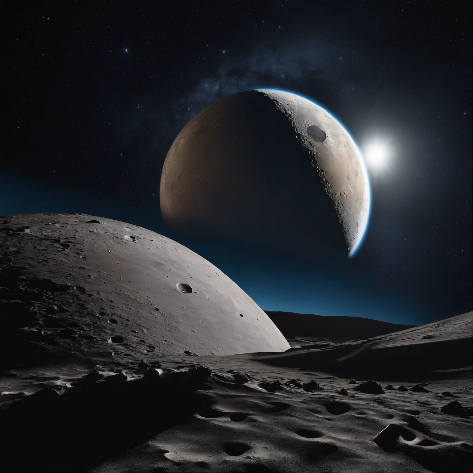 Master Parts、Superior Quality、superior image quality、The 8k quality、Beautiful pictures of the starry sky、magnifica、Arched Milky Way:1.25、Alafed view of Earth from the lunar surface:1.25, Lunar surface, space photo, on the moon, moon background, moon background, on the moon, Lunar soil, space photo, moonscape, Focus on the Moon, On Moon, Numerous craters, Seeing the Earth from the surface of the moon:1.9, big earth in the sky:1.9, Crashed and weathered spaceship