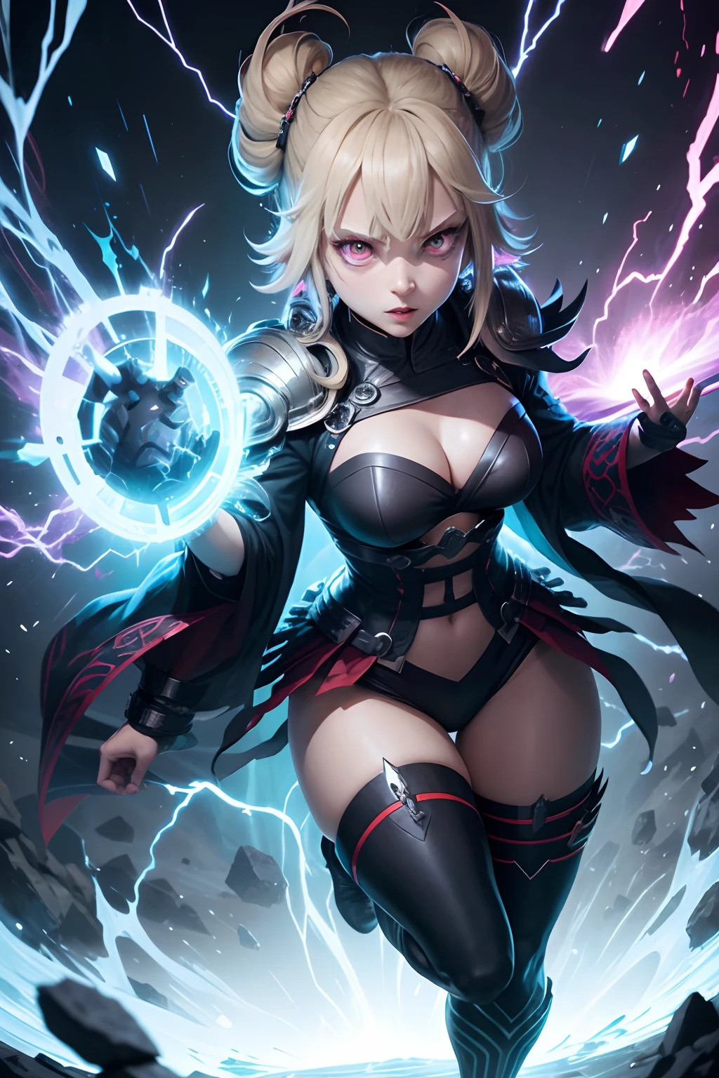 Imagine and describe a fused being formed by Toga Himiko, the chameleon-like villain from My Hero Academia, and Thor, the god of thunder from Marvel. It details how this combined entity takes on the appearance of a divine and sinister warrior, describing his clothing, face, and distinctive features. Then, explore the unique abilities and powers that this being possesses, how they use their shapeshifting and thunder control abilities, and how they interact with their surroundings and the characters of both universes.