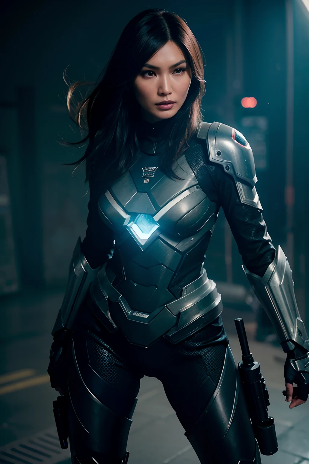 Gemma Chan as cyberpunk sniper arm with a large sniper rifle, wearing cyberpunk army armor,  glowing lights, full body, (dynamic pose), (hyper realistic:1.4), (realistic:1.3), (best quality real texture skin), full body, (Cinematic Light), highly detailed skin, skin pores, (highly detailed face:1.1), (highly detailed eyes:1.1), realistic pupils, (perfect anatomy:1.1), (perfect proportions:1.1), (photography:1.1), (photorealistic:1.1), volumetric lighting, dynamic lighting, real shadows, (highres:1.1), sharp focus, daylight, (realistic, hyperrealistic:1.4), intricate, high detail, dramatic, subsurface scattering, big depth of field, vivid, polished, sharpened, ((full Sharp)), (extremely absurdres),8k hdr