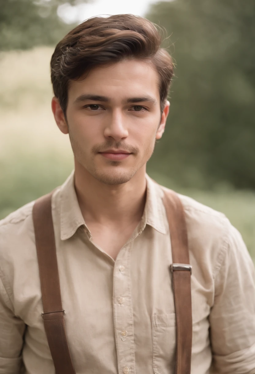 A photorealistic portrait of a man in his 20s in rancher clothes' wearing a a tan shirt, suspenders and blue jeans, photorealistic, natural hair, natural face, mustache, sideburns, , hyper detailed, sun beaten, dirty.