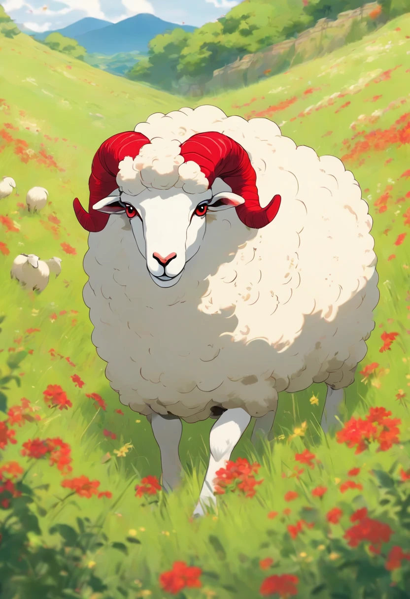 a detailed anime drawing of a white sheep with red markings on its body, large curled horns, and red eyes wandering through a meadow by itself