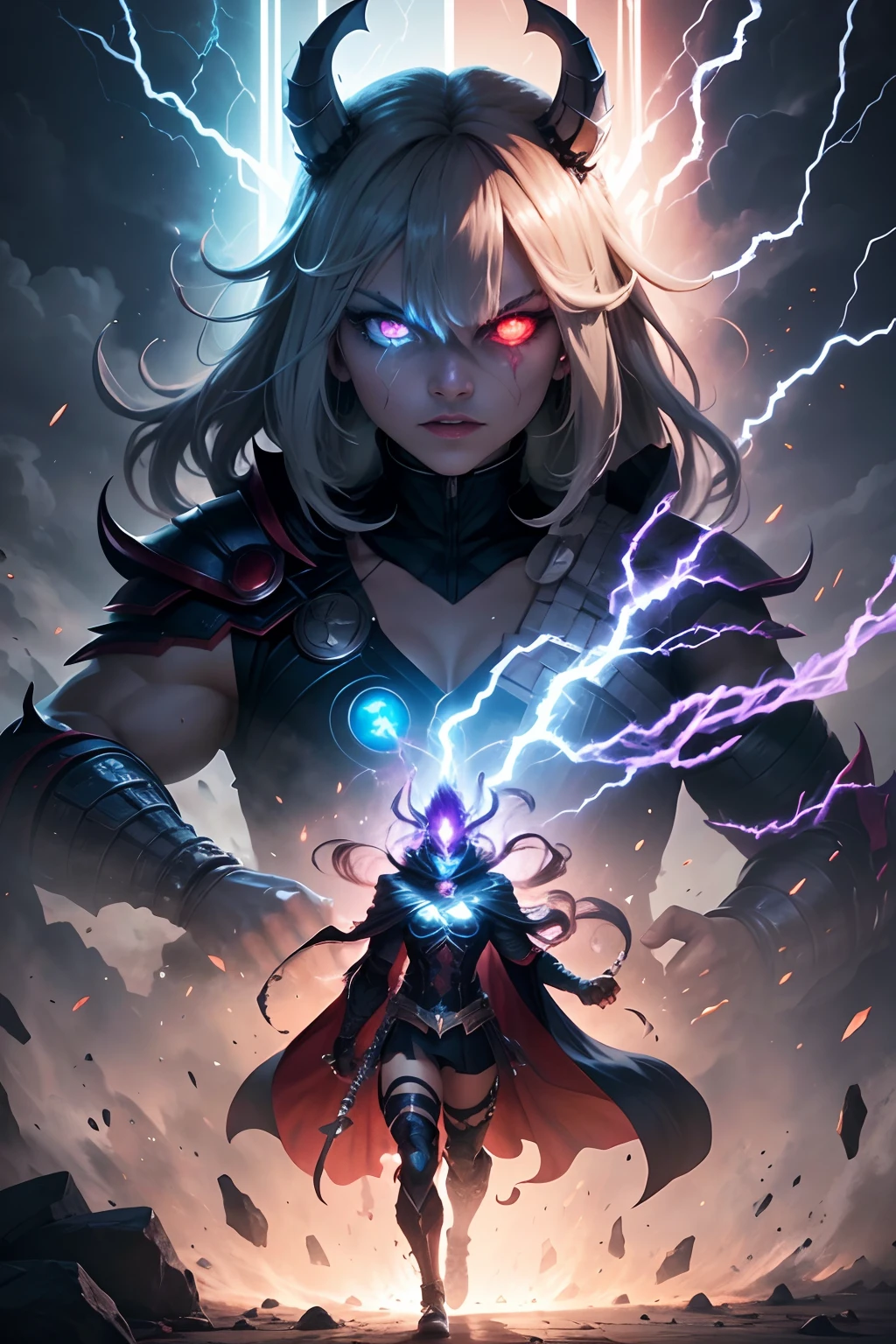 Imagine and describe a fused being formed by Toga Himiko, the chameleon-like villain from My Hero Academia, and Thor, the god of thunder from Marvel. It details how this combined entity takes on the appearance of a divine and sinister warrior, describing his clothing, face, and distinctive features. Then, explore the unique abilities and powers that this being possesses, how they use their shapeshifting and thunder control abilities, and how they interact with their surroundings and the characters of both universes.