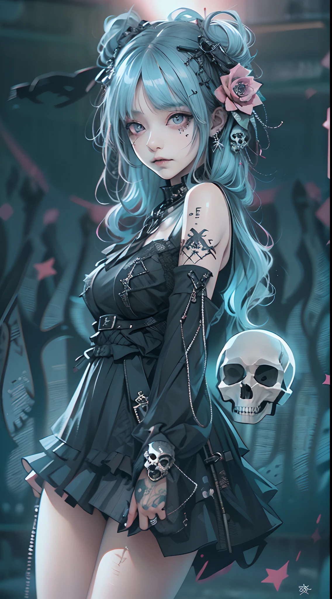 Adornos para el cabello、piercings、tatuaje、godo_punk, 1chica en, solo,、highest qualityr, fotorrealista, Unas ilustraciones ultrafinas, Hermosa chica de anime atractiva,(mini vestido:1.4), Miku hatsune, cuerpo delgado, cabello atado,(cabello rosado:1.4),a girl, A picture of a girl, Toma de cuerpo completo, Hermosos ojos azules:1.4, Convertido,arete、Adornos para el cabello、jewely、Miku hatsune、(fondo Skull Night Cemetery:1.4), motor irreal:1.4,UHD,La mejor calidad:1.4, fotorrealista:1.4, textura de la piel:1.4, obra maestra:1.8,(detailed:1.4),