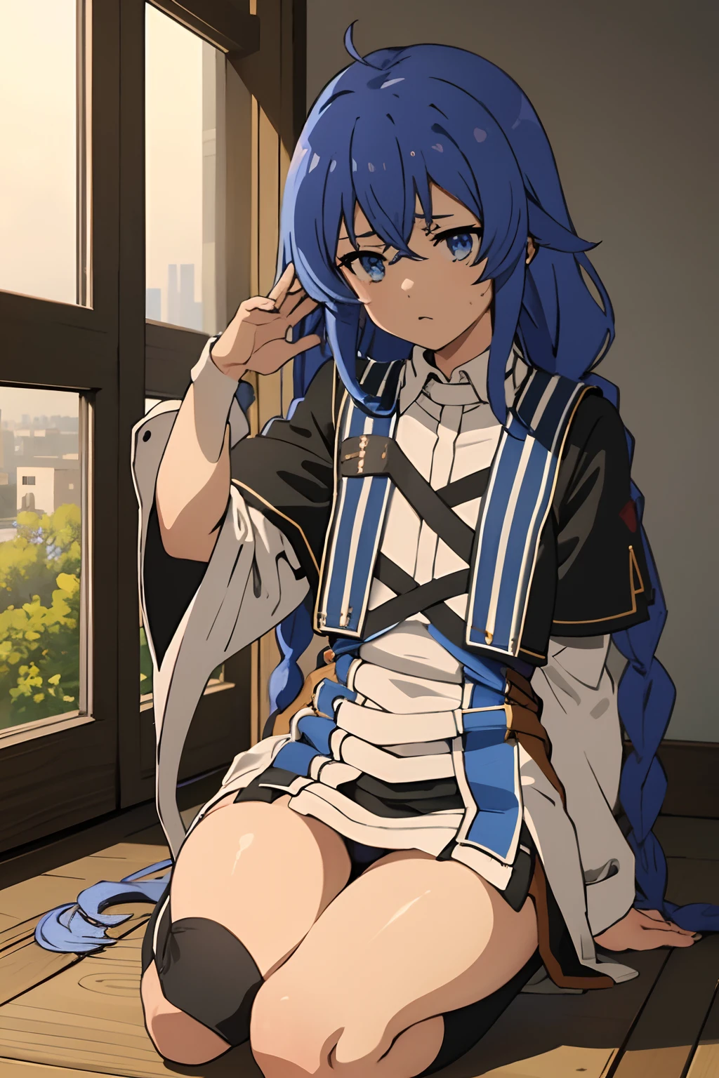 Roxy_Migurdia(mushoku tensei)、1girl, masterpiece、top-quality、Blue eyes、Crimson blue hair、double big braid, {undergarment}、{seminude}、{calm}、{panties on}、{{小柄}}、satori、{Calm}、deadpan、watching at viewers、{low angles}, {lowerbody}、NSFW, {{A sexy}}、Open legs,