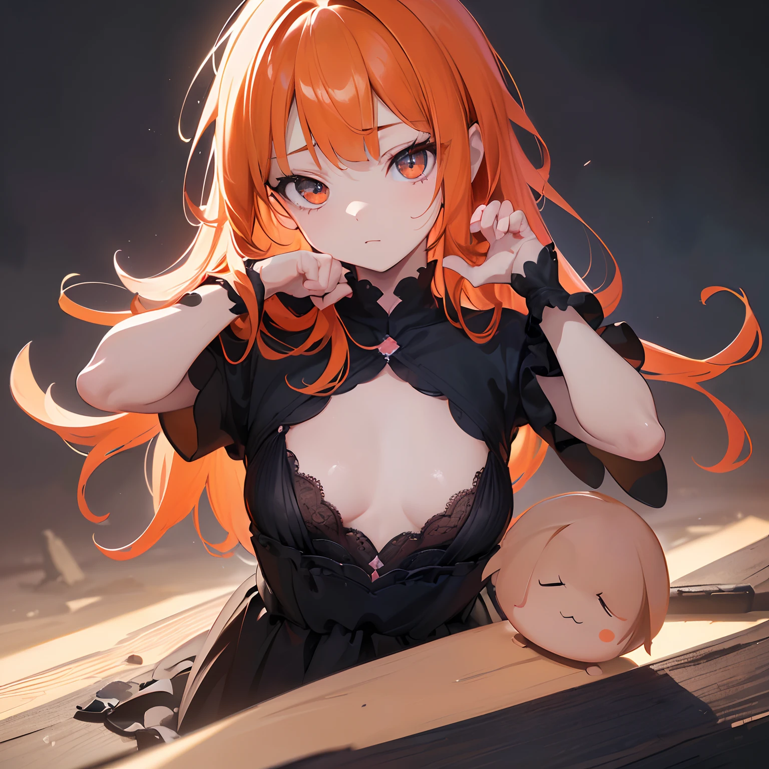 anime style, model shoot style, (upper body) photo of a (( girl:1.6)), (1girl, young girl, small body), (orange hair, long hair:1.3), (black dress),
((pretty face: 1.7, perfect face:1.5)), (best quality:1.5, hyperrealistic:1.5, photorealistic:1.4, Madly detailed CG unity 8k wallpaper:1.5,
masterpiece:1.3, Madly detailed photo:1.2), (hyper-realistic lifelike texture:1.4, realistic eyes:1.2), (octane render, unreal engine 5),
(ecstasy of light and shadow:1.5, deep shadow:1.5), (sony a7, 50 mm, film grain:1.5, 4K UHD HDR),
(photo by lee jeffries, Greg Rutkowski and Magali Villanueva)