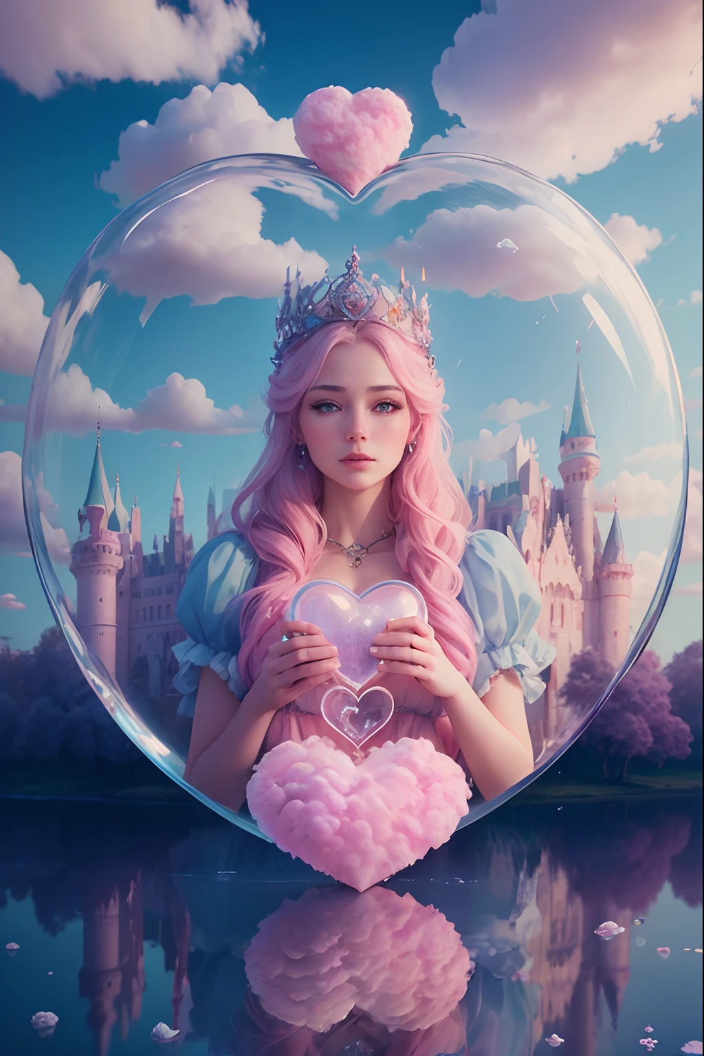 Cotton Candy Queen Women Goddess 8k Resolution Rendered Hyper Realistic Intricate Detail lives in an frosty heart shaped ice bubble, a fanciful place filled with castles, cotton candy, swans lakes and fluffy clouds, An intricate visual representation of computer programing, rendered in 24k resolution with intricate details and symbols.