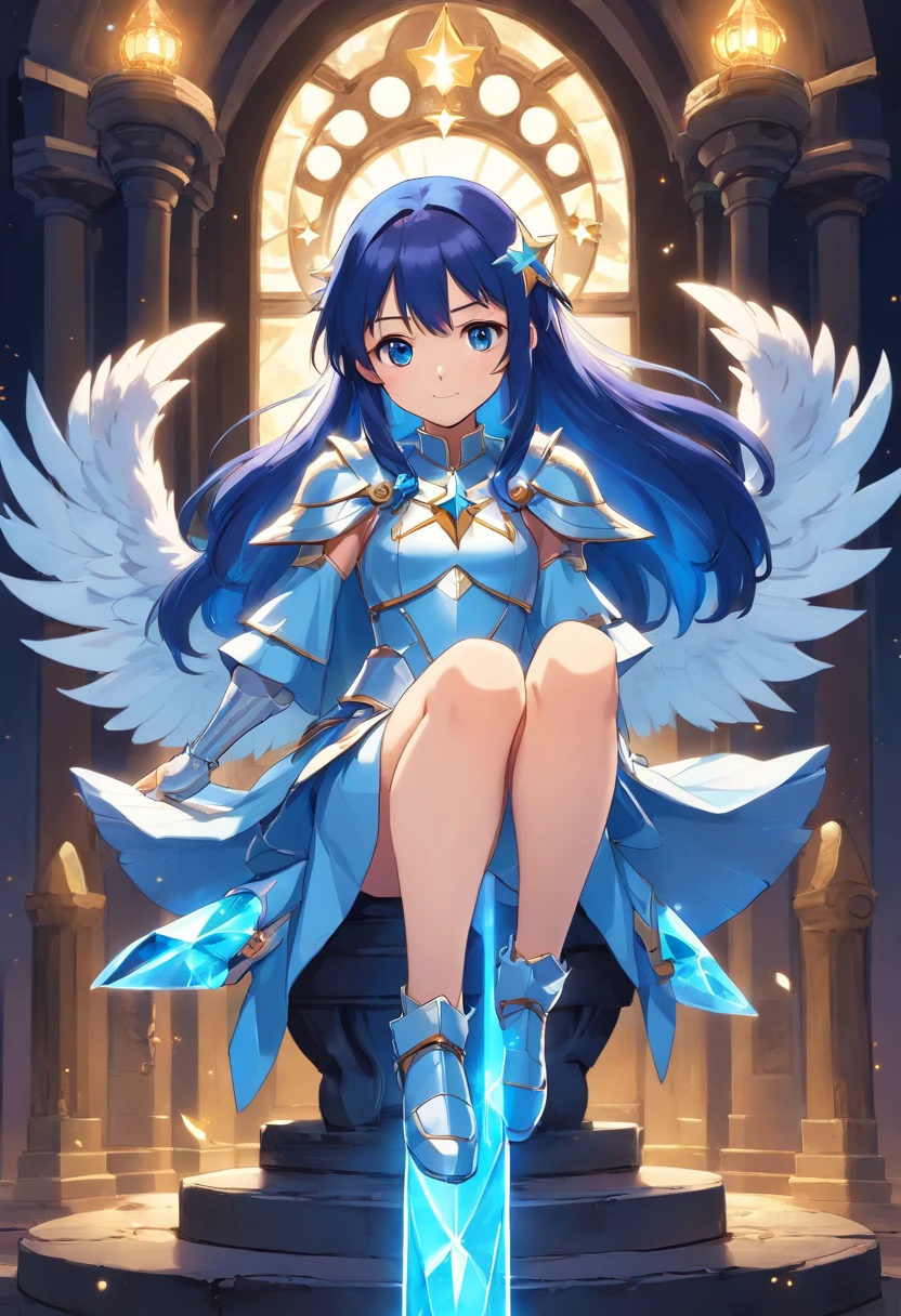 Full Body, Dark blue-haired young girl, blue eyes, angelic body and face, and a blue crystal armor with a mini skirt, wield a spear, wear a cloak, shield, and golden circlet, sitting on the throne of blue heaven, white seraphic wings, dusk, and dawn background scene, the magic circle with a diamond star, innocent smile, stable diffusion v5, anime style v3, lora style v5, dynamic, image enhance, dream shape, vibrant, realistic face, 32k resolution, upscale, sharp focus, best quality, masterpiece, ghostmix, flat color, flat light.