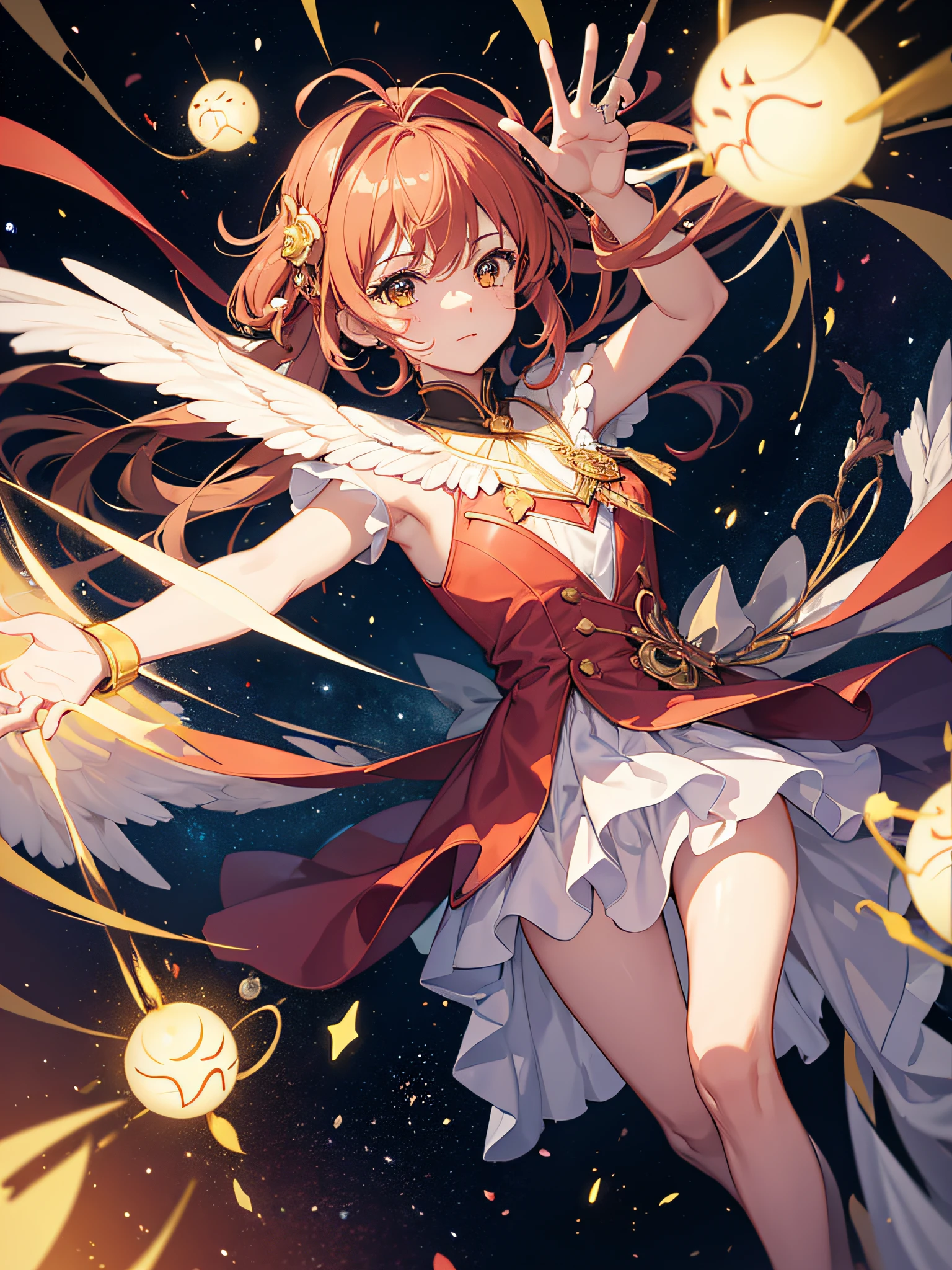 Card Captors Sakura, Making a victory sign, Kero-chan voando ao seu lado, Card symbolism, Magic cards in fall, corpo inteiro, fotografia, (ultra-realistic), {papel de parede extremamente detalhado da unidade 8k CG}, fotografia paisagem expansiva, (an overload view that prioritizes character and configuration, Wide open field view), (high-angle shot), (Luz alta: 1.7), (Pouca luz: 1.0), (Fonte de Luz Quente: 1.5), detalhes intrincados, (Cores iridescentes: 1.7), (clear lighting), (Atmospheric Illumination), sonhador, magica, Anime Cards Reference