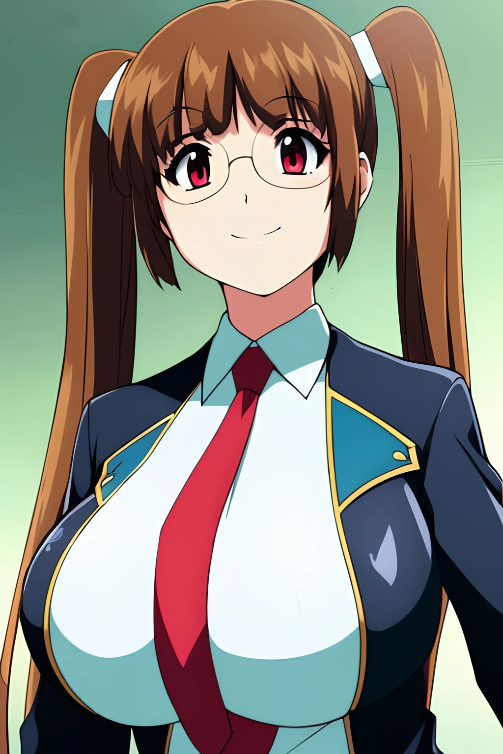 from the front side 、1girl in,(high-level image quality:1.3)、(​masterpiece:1.3)、4K,8K,Official art,(校服:1.4)、（huge-breasted:1.1),eye glass、Twin-tailed、Brown hair color,(simple background:1.4)、A smile