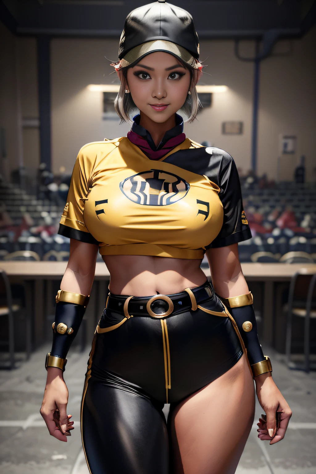 Very Shorthair Arafe Woman Solo、Big breasts about to burst、Metallic yellow and metallic black baseball uniforms、thin and long legs,、Fitness Body Shape、half-pants、a belt、Pose ready to fight、Mischievous smile