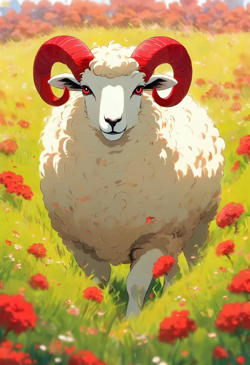a detailed anime drawing of a fantasy white sheep with red markings on its body, large curled horns, and red eyes wandering through a meadow by itself