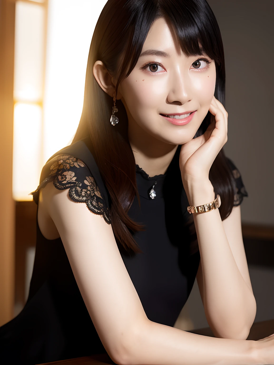 black_dress,
((masterpiece:1.4, best quality)), ((masterpiece, best quality)),  (photo realistic:1.4),
professional lighting, physically-based rendering,
extremely detailed eyes and face, eyes with beautiful details,
Japanese idle (Japanese actress),
slender, thin legs,(face_focus:1.3),