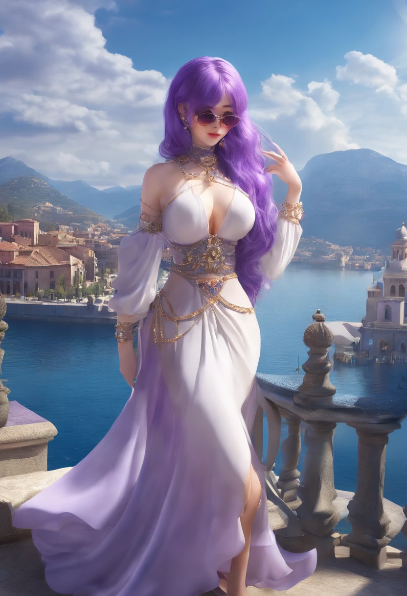 masterpiece, best quality,kfk, 1girl, bangs, bare_shoulders, skirt, breasts, gloves, jewelry, large_breasts, long_hair, long_sleeves, pantyhose, purple_eyes, purple_hair, shirt, solo,viewer,sunglasses,bikini, (sun, cloud,renaissance city around water,outdoors :1.1),rendered in blender((isometric)),