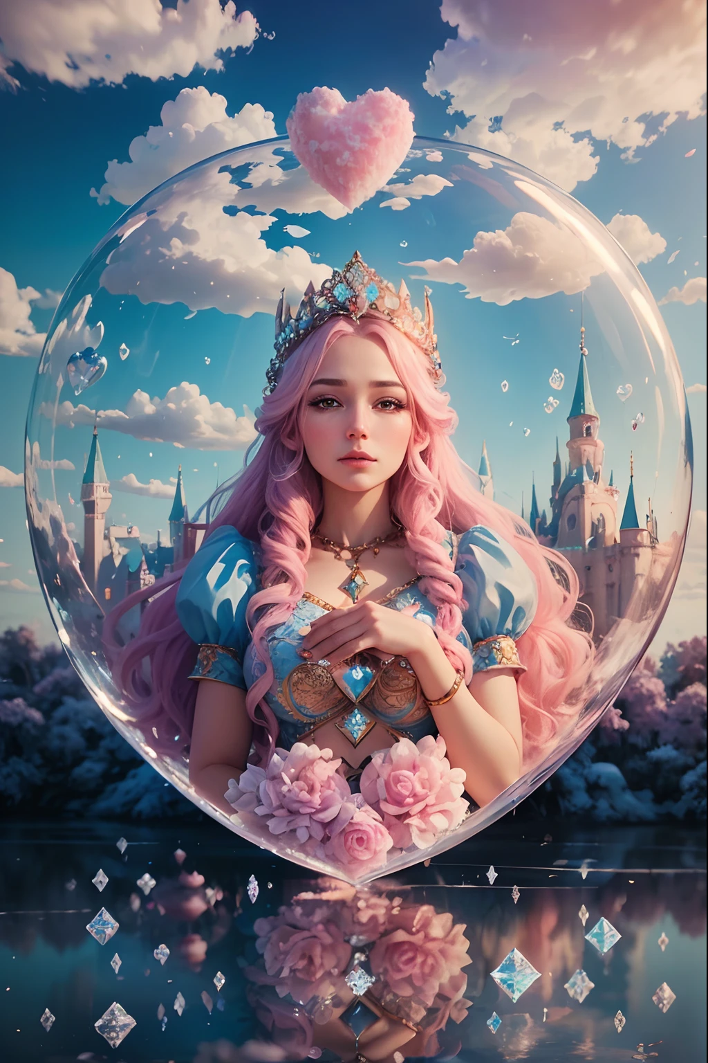 Cotton Candy Queen Women Goddess 8k Resolution Rendered Hyper Realistic Intricate Detail lives in an frosty heart shaped ice bubble, a fanciful place filled with castles, cotton candy, swans lakes and fluffy clouds, An intricate visual representation of computer programing, rendered in 24k resolution with intricate details and symbols.