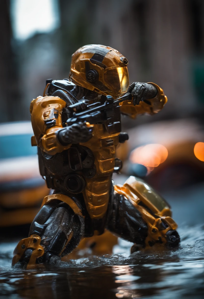 Photo portrait of camouflaged mechanical suit (transparente), ((bokeh claro)), complexo, (liquid water (translucent) [ferrugem]), Sharp and elegant focus, Foto tirada por Greg Rutkowski, soft-lighting, cores vibrantes, obra-prima, ((ruas )), rosto detalhado