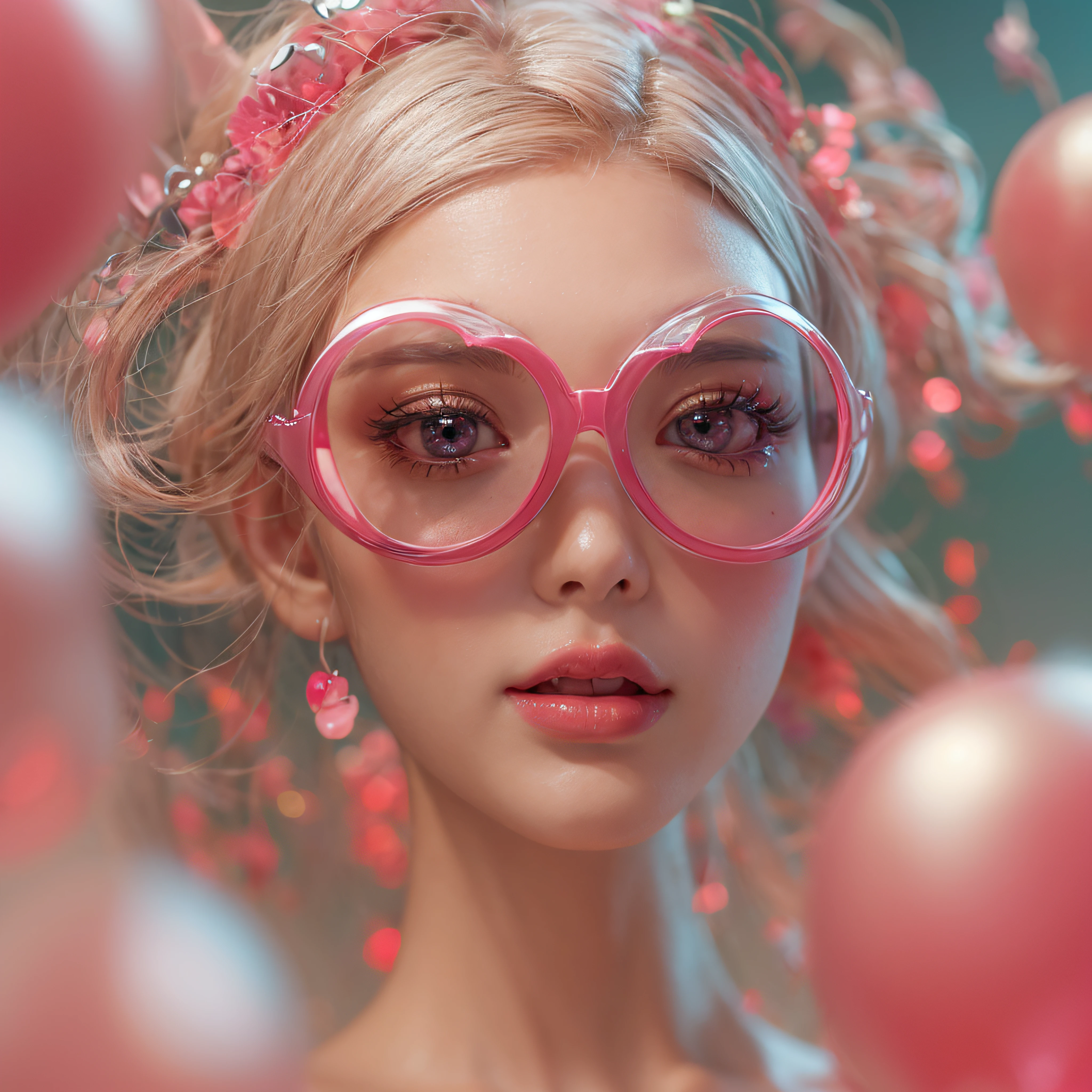 Heart-shaped pink sunglasses、Close-up of laughing face、Designer、super model、makeup、Glossy lips、Shining eyes、(realisitic、hight resolution)、(1 girl in)、Do-Up Eye、Korean Girl、(Best Quality), (masutepiece), (1girl in), Solo, a beauty girl, Perfect face, dreamlikeart、Highly detailed airbrush art((Surreal))、Volumetric lighting、(top-quality)、The ultra-detailliert、Highly detailed colorful details、(Bright lighting)、dynamic compositions、Ray traching、The mirror reflects light、Shallow depth of field、ultra-detailliert、mixing  exposure、nffsw、Her eyes are glowing pink、Pink glowing 3D heart on background、Pink glowing heart on background