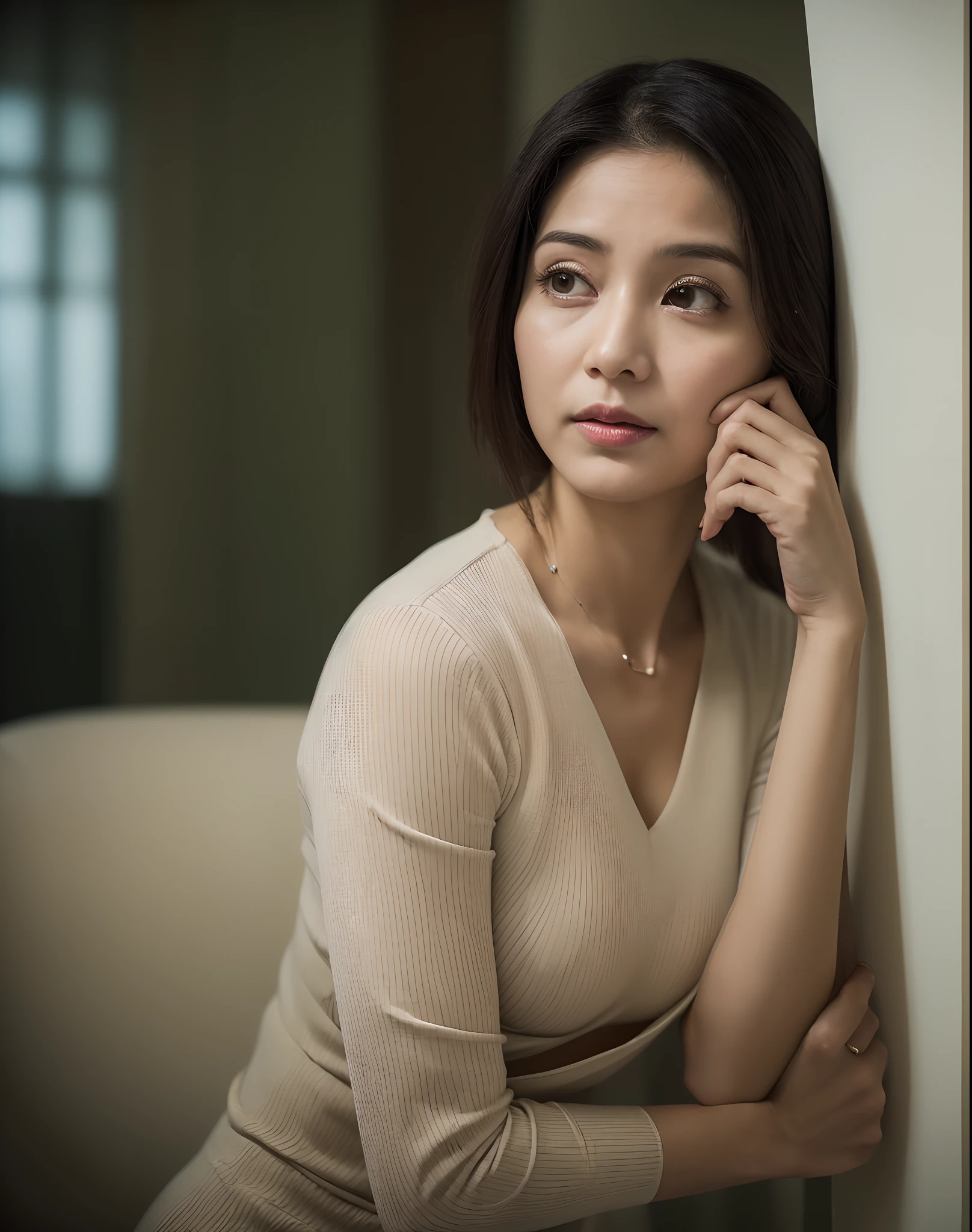 (masterpiece, best quality) (hyper realistic, 8k), Indian most beautiful super rich wife aging around 35, going through mid life crisis ((if she does seek some intimacy from her husband, he finds it odd as he is used to his wife being ‘busy’ in the household chores. The woman finds herself in a situation where she feels ‘un-needed’ and deserted. She has no career to fall back on and the people whom she had kept in the ‘center-of-her-universe’ no longer do the same for her. This existential distress is very unnerving and it is possible that being in a ‘sick-role’, and its resultant resumption of attention towards her from the family helps validate her ‘importance’ and hence reassuring. Additionally, an excess of free time available in this stage of life – provides opportunity for brooding and ruminating.)), Expressions showing disappointment and wondering what to do in life, sitting alone in sophisticated super rich mansion, wearing plane solid colour saree and blouse, heavy boobs, healthy body, chubby waist, chubby arms, tied up hairs, lost in own thoughts, full body shot, shot from front at a far distance, beautiful limbs, beautiful mature face, depth of field, noise offset, cannon 5d mark IV, low brightness