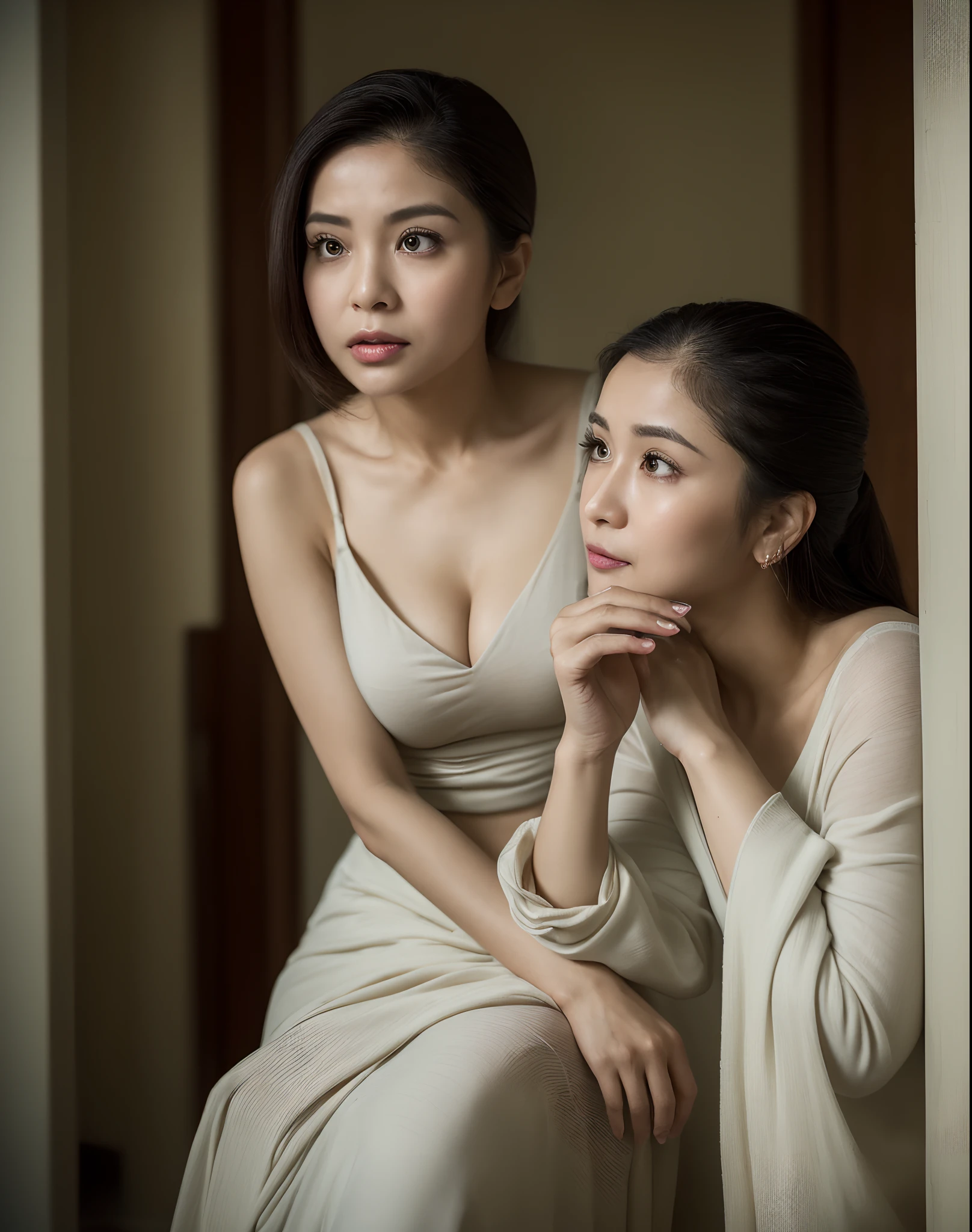 (masterpiece, best quality) (hyper realistic, 8k), Indian most beautiful super rich wife aging around 35, going through mid life crisis ((if she does seek some intimacy from her husband, he finds it odd as he is used to his wife being ‘busy’ in the household chores. The woman finds herself in a situation where she feels ‘un-needed’ and deserted. She has no career to fall back on and the people whom she had kept in the ‘center-of-her-universe’ no longer do the same for her. This existential distress is very unnerving and it is possible that being in a ‘sick-role’, and its resultant resumption of attention towards her from the family helps validate her ‘importance’ and hence reassuring. Additionally, an excess of free time available in this stage of life – provides opportunity for brooding and ruminating.)), Expressions showing disappointment and wondering what to do in life, sitting alone in sophisticated super rich mansion, wearing plane solid colour saree and blouse, heavy boobs, healthy body, chubby waist, chubby arms, tied up hairs, lost in own thoughts, full body shot, shot from front at a far distance, beautiful limbs, beautiful mature face, depth of field, noise offset, cannon 5d mark IV, low brightness