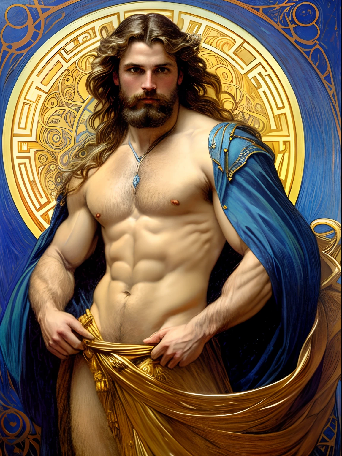 Portrait of a stout mighty God unleashing all his powers, digital painting in the style of Robert Liberace, dynamic action poses of stout zeus, god of thunder, greek god, blond hair, male, mature, handsome, upper body, muscular, hairy torso, fantasy, intricate, elegant, highly detailed, digital painting, art station, concept art, soft, sharp focus, illustration, art by Robert Liberace, Gaston Bussiere and Alphonse Mucha, klimt, art deco