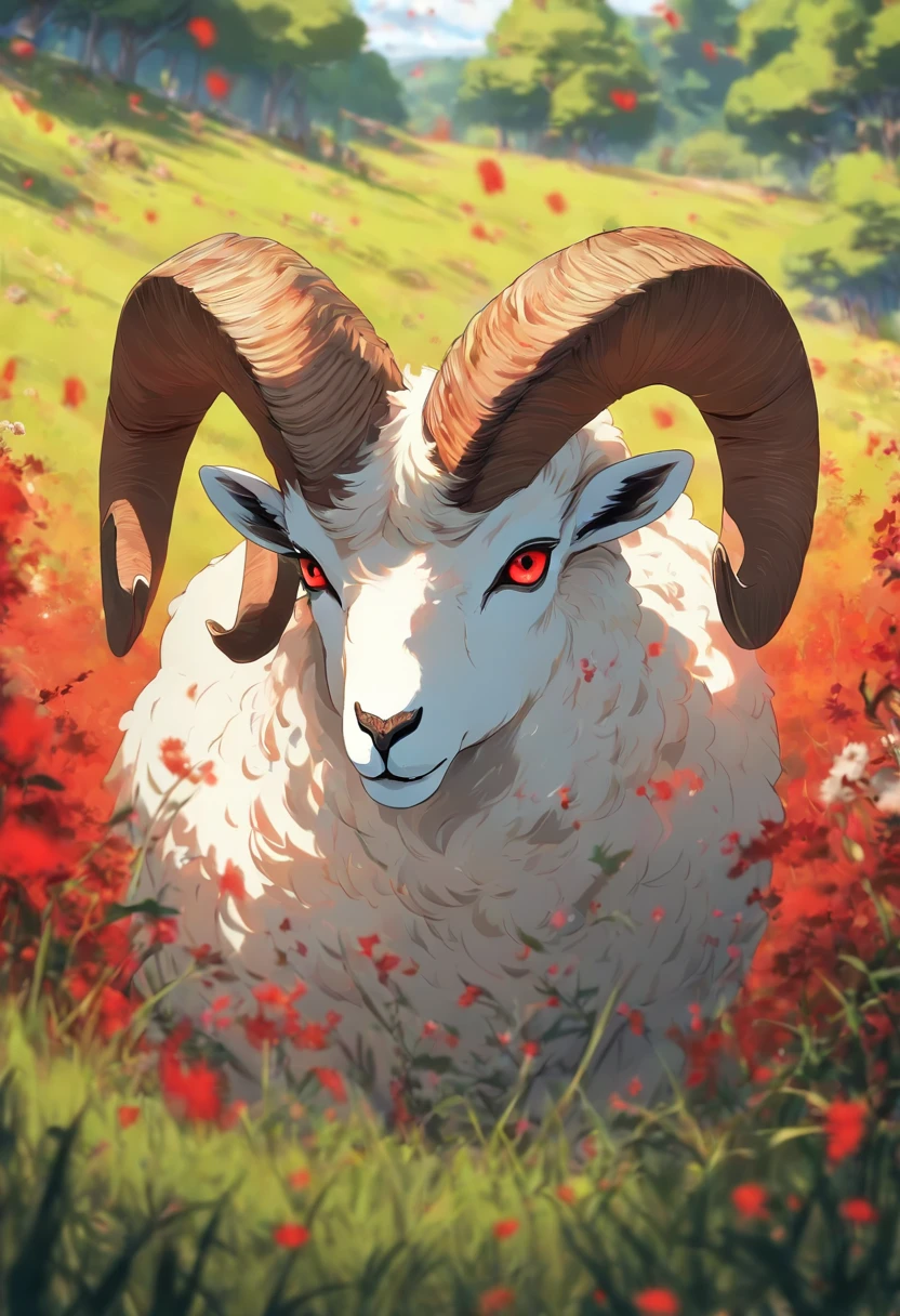 a detailed anime drawing of a dangerous white ram with red markings on its body, large curled horns, and red eyes wandering through a meadow by itself