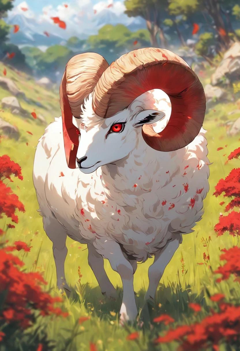 a detailed anime drawing of a dangerous white ram with red markings on its body, large curled horns, and red eyes wandering through a meadow by itself
