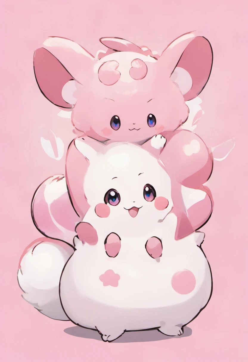 Cartoon image of pink and white Pokémon character, Pastels inspired by Chinese writers, shutterstock, mingei, Bulbapedia, pink iconic characters, similar to pokemon, style of cute pokemon, cute mouse pokemon, new pokemon, guggimon, sylveon, illustration pokemon, leaked image, weird pokemon, ken sugimori art