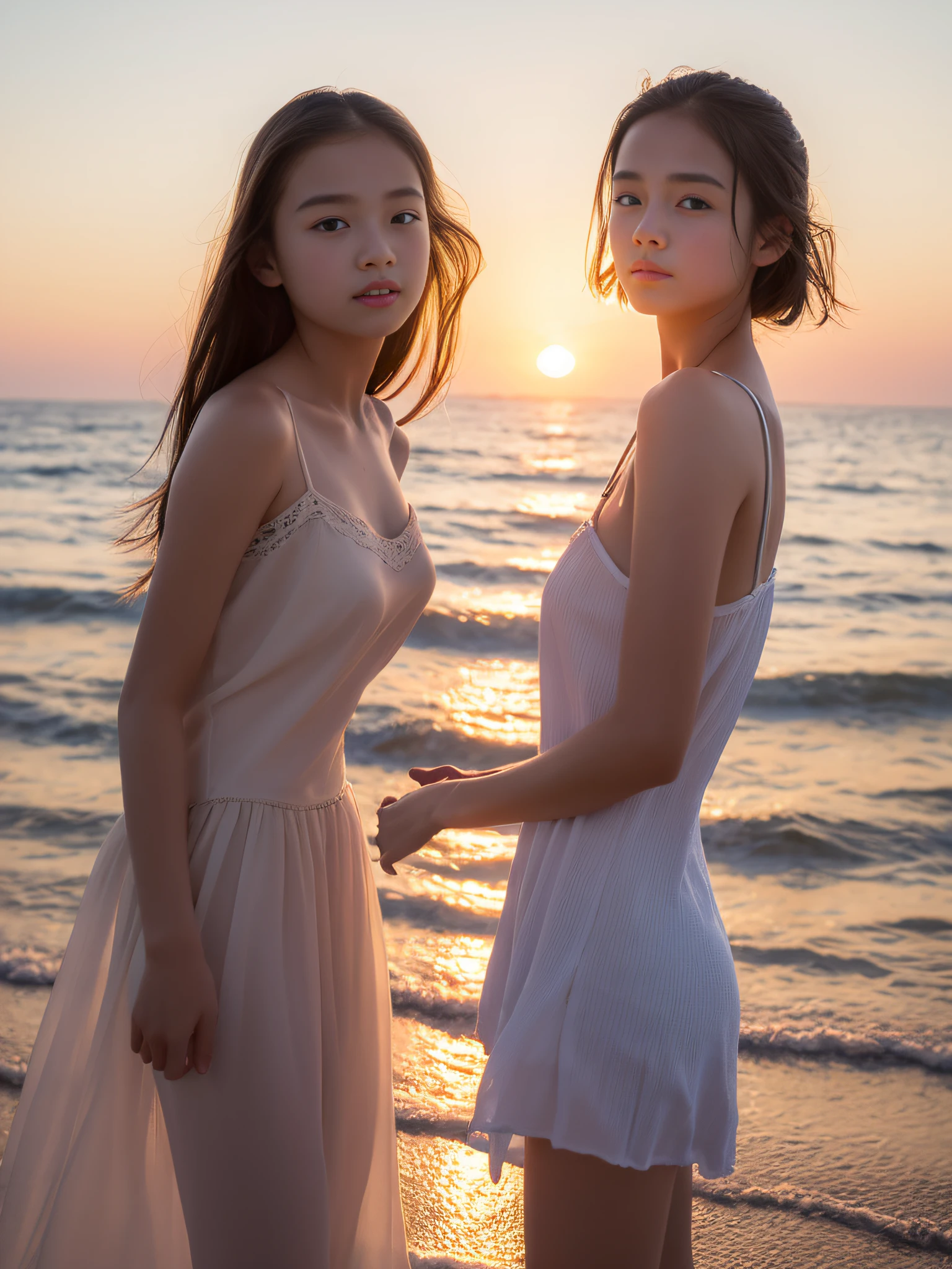 8K、-yeld beiful girl、detailed beautiful faces、Camisole Dresses、Entering the sea up to the chest、strong breeze、bustup、the setting sun