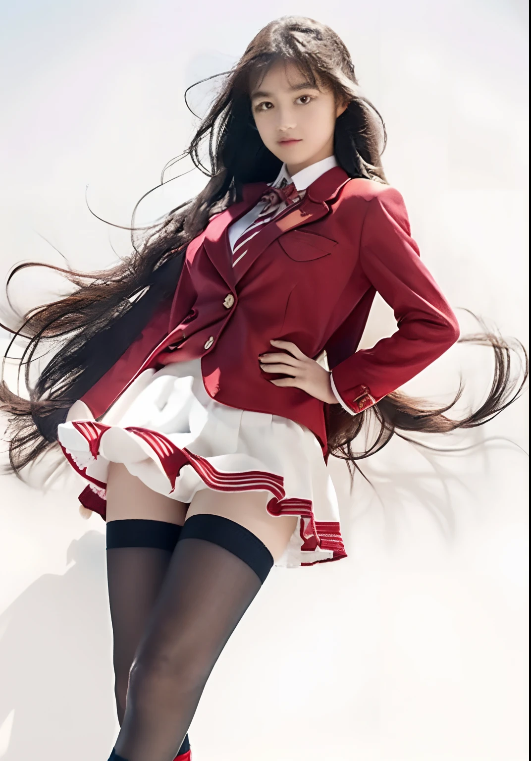 a girl in a uniform standing with her arms crossed, hyperrealistic, red blazer, white short skirt, beautiful high school girl, cute girl, long socks, shoes