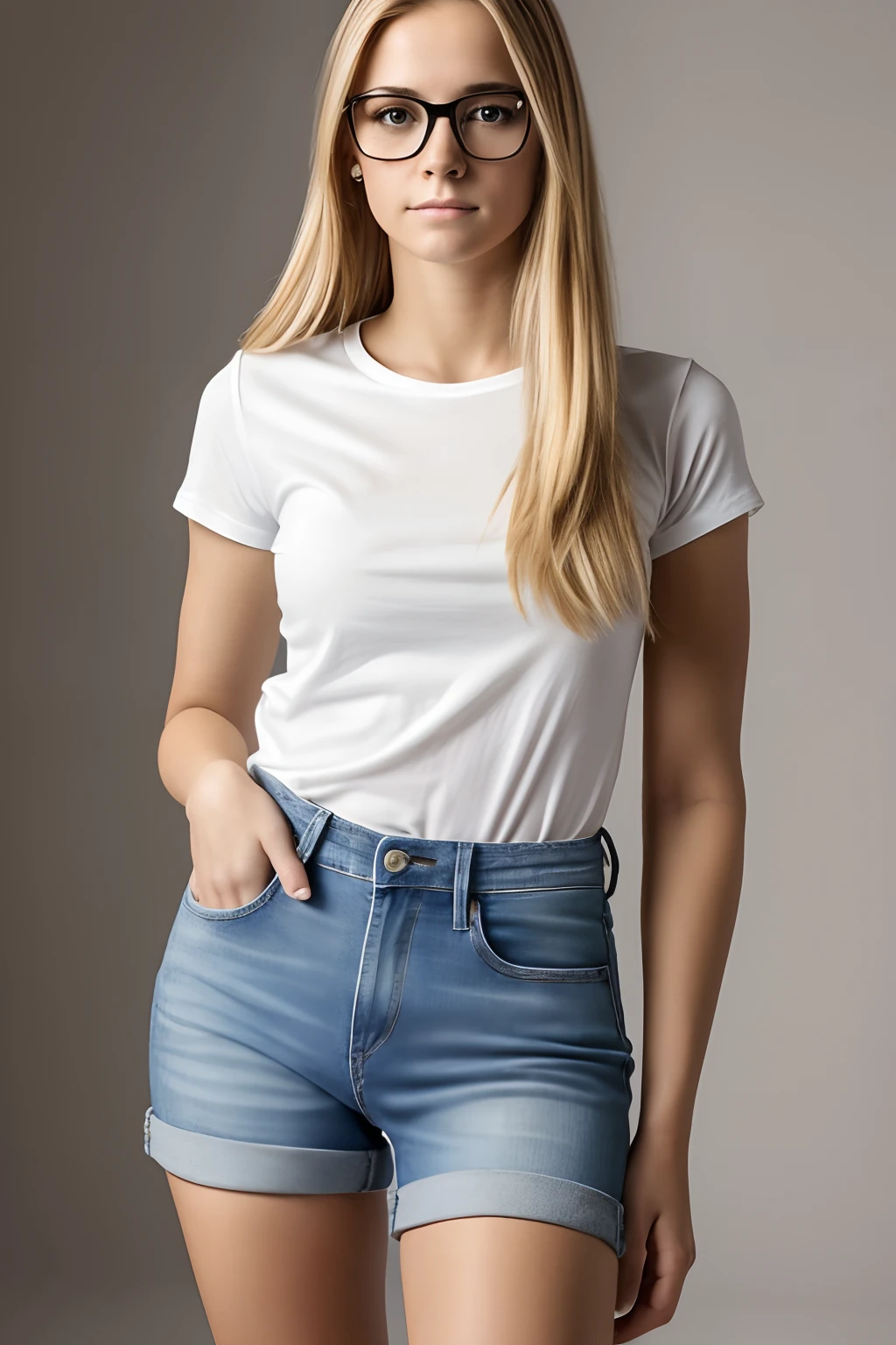 Retrato de cuerpo entero, una joven rubia muy disgustada, pelo largo, gafas, de pie con los brazos cruzados, camisa blanca, Jeans.