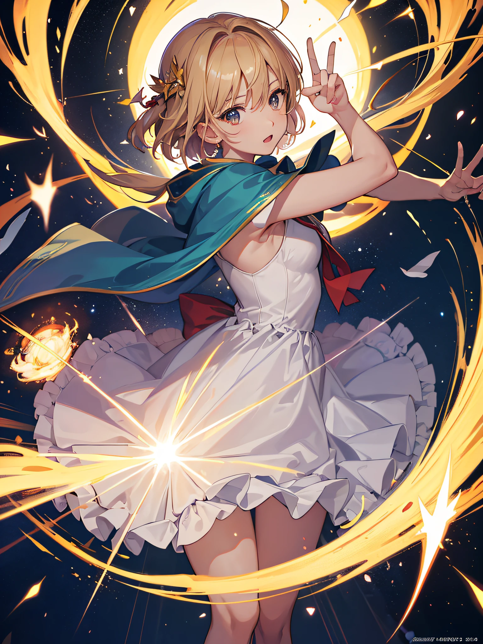 Card Captors Sakura, Making a victory sign, Kero-chan voando ao seu lado, Card symbolism, Magic cards in fall, corpo inteiro, fotografia, (ultra-realistic), {papel de parede extremamente detalhado da unidade 8k CG}, fotografia paisagem expansiva, (an overload view that prioritizes character and configuration, Wide open field view), (high-angle shot), (Luz alta: 1.7), (Pouca luz: 1.0), (Fonte de Luz Quente: 1.5), detalhes intrincados, (Cores iridescentes: 1.7), (clear lighting), (Atmospheric Illumination), sonhador, magica, Anime Cards Reference