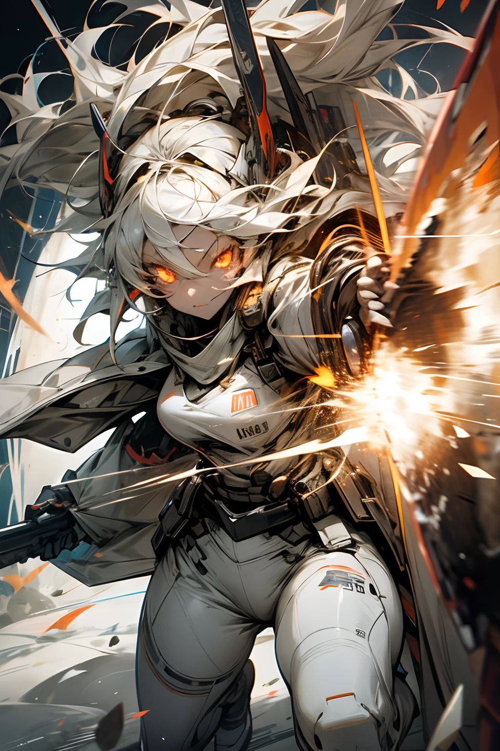 Big explosion, female fighter in white clothes, blue glowing eyes