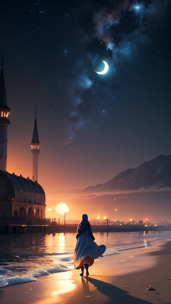 muslim woman walking on the beach alone at night with a mosque in the background, 8k stunning artwork, concept art wallpaper 4k, inspired by Andreas Rocha, andreas rocha style, inspired by Cyril Rolando, a beautiful artwork illustration, 4k highly detailed digital art, beautiful art uhd 4 k, 8k hd wallpaper digital art, million of stars, moon --auto