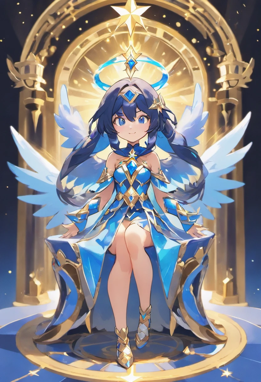 Full Body, Dark blue-haired young girl, blue eyes, angelic body and face, and a blue crystal armor with a mini skirt, wield a spear, wear a cloak, shield, and golden circlet, sitting on the throne of blue heaven, white seraphic wings, dusk, and dawn background scene, the magic circle with a diamond star, innocent smile, stable diffusion v5, anime style v3, lora style v5, dynamic, image enhance, dream shape, vibrant, realistic face, 32k resolution, upscale, sharp focus, best quality, masterpiece, ghostmix, flat color, flat light.
