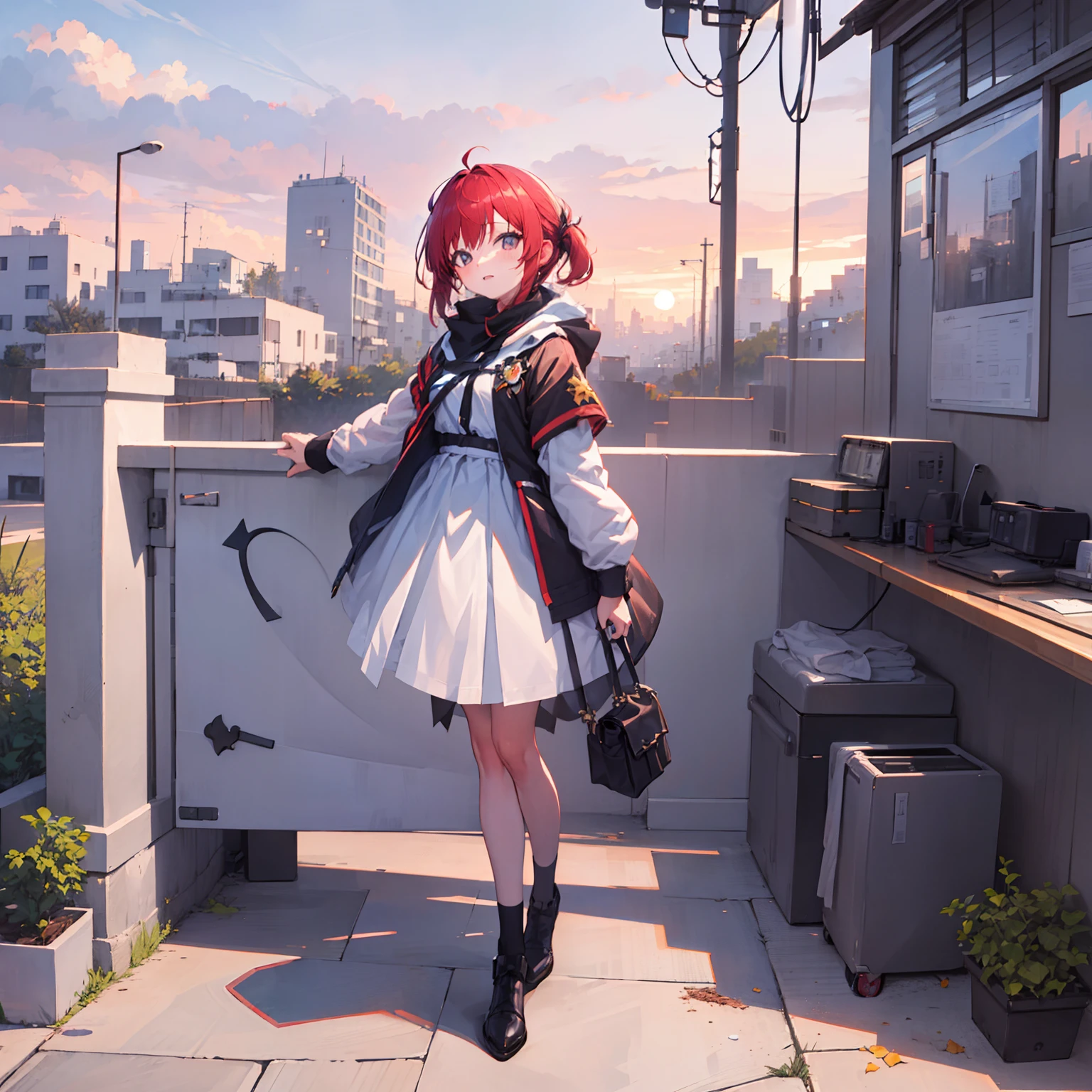 (master part), 1girl, corpo inteiro,Sunset, blast,ao ar livre,tall buildings, Cidades,(A Long Shot), JinxLol,  (fundo branco:1.5), [(fundo branco:1.5),::5],